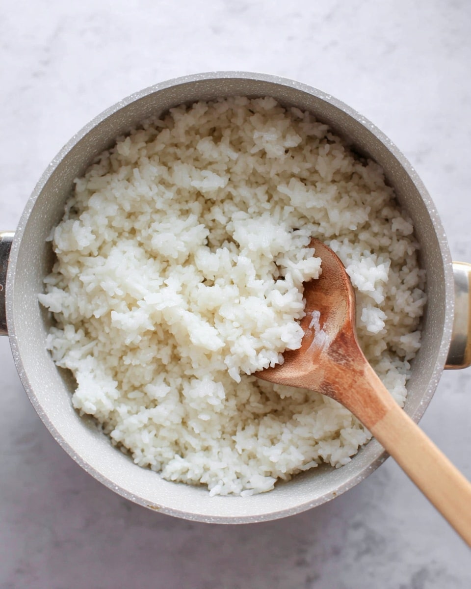 A round light gray pot filled with one layer of soft, cooked white rice with a slightly sticky texture. A wooden spoon with a light brown handle is scooping some rice from the bottom right side of the pot. The pot is placed on a white marbled surface. photo taken with an iphone --ar 4:5 --v 7