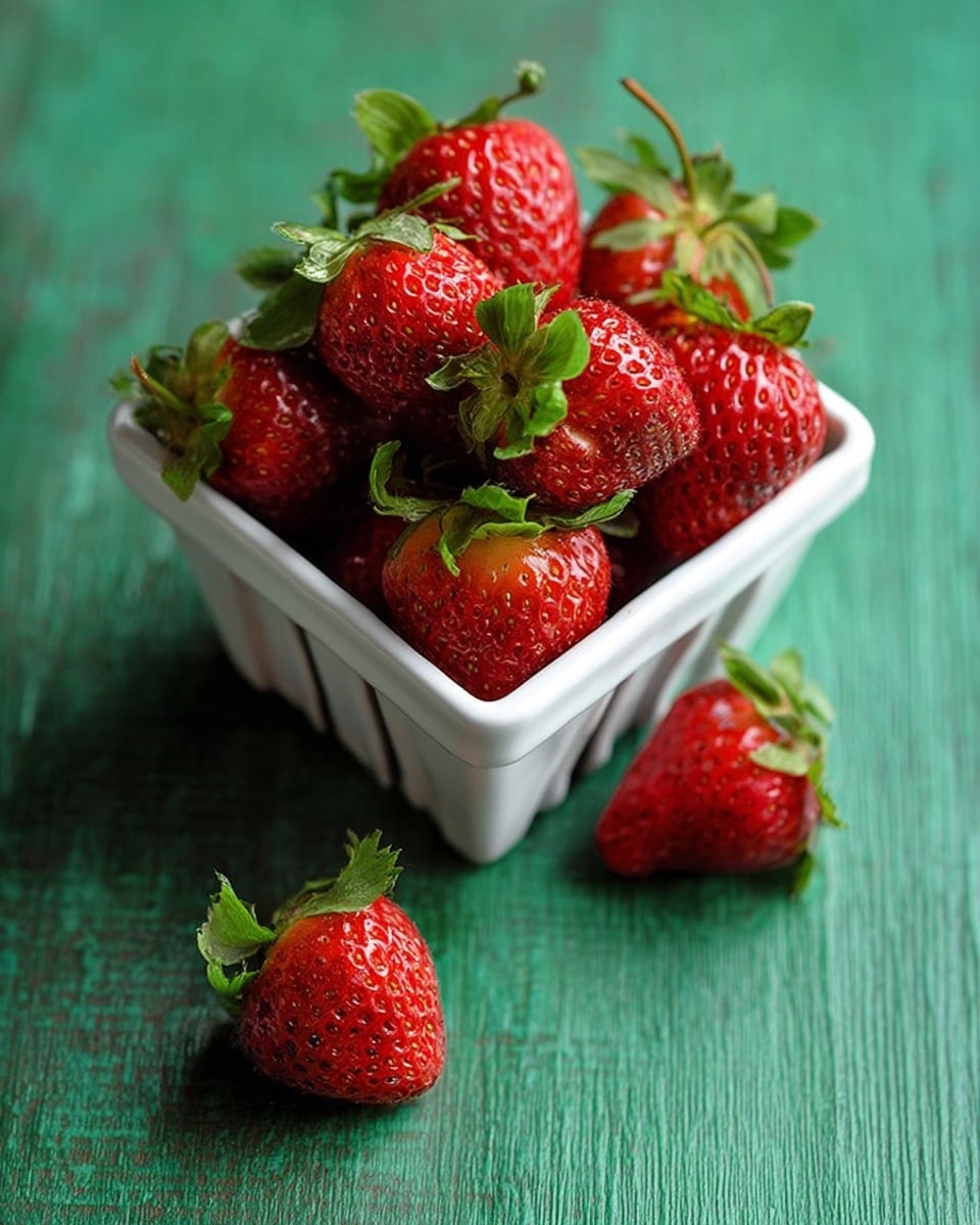 A white square container filled with ripe, red strawberries with green leafy tops sits on a green wooden surface. Three strawberries lay scattered outside the container on the same surface. The strawberries are fresh, plump, and shiny, with small seeds visible on their skin. The green leaves on top provide a contrast to the bright red of the berries. photo taken with an iphone --ar 4:5 --v 7