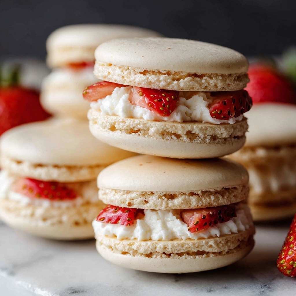 A stack of light beige macarons is arranged on a round white marble plate supported by a wooden stand; each macaron has two smooth, slightly rounded shells with a rough edge, filled with a thick layer of white cream mixed with bits of red strawberries that peek out between the layers. There are about ten macarons stacked in an uneven pile, some showing more cream and strawberry bits than others. In front of the stand, three fresh strawberries with green leaves sit on a dark teal wooden surface. The background is dark, making the macarons and strawberries stand out clearly. photo taken with an iphone --ar 4:5 --v 7