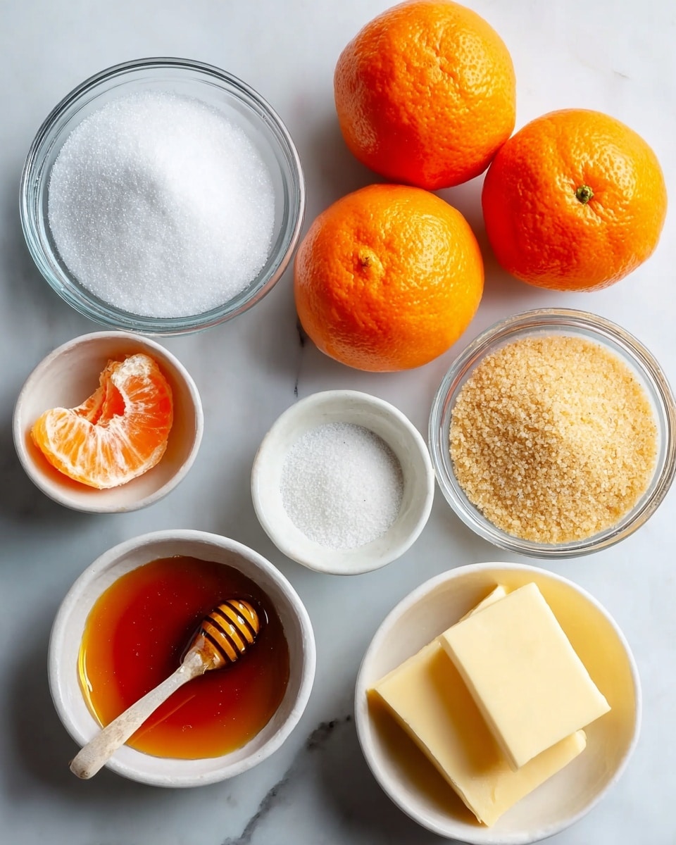 A white marbled surface holds six small white bowls and a peeled orange half. The top right bowl has three whole bright orange tangerines with smooth skin. To the left, a clear glass bowl is filled with white granulated sugar. Below it, a smaller white bowl contains golden brown sugar with coarse crystals. Next to it on the bottom right, another white bowl has a pale yellow block of butter made from two thick slices stacked. On the bottom left is a green ceramic bowl with amber honey and a small silver spoon inside. Beside it, a tiny white bowl holds fine white salt. The peeled orange half reveals juicy bright orange segments. Photo taken with an iphone --ar 4:5 --v 7