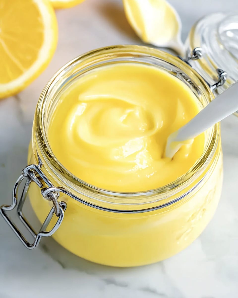 A clear glass jar filled with a smooth, bright yellow cream that looks thick and glossy. A white spoon is dipped into the cream, resting slightly tilted inside the jar. The jar has a metal clasp on its side and sits on a white marbled surface. In the background, there is a lemon half showing bright yellow flesh and part of a white spoon with a silver utensil beside it. The lighting is bright, making the cream look fresh and vibrant. photo taken with an iphone --ar 4:5 --v 7