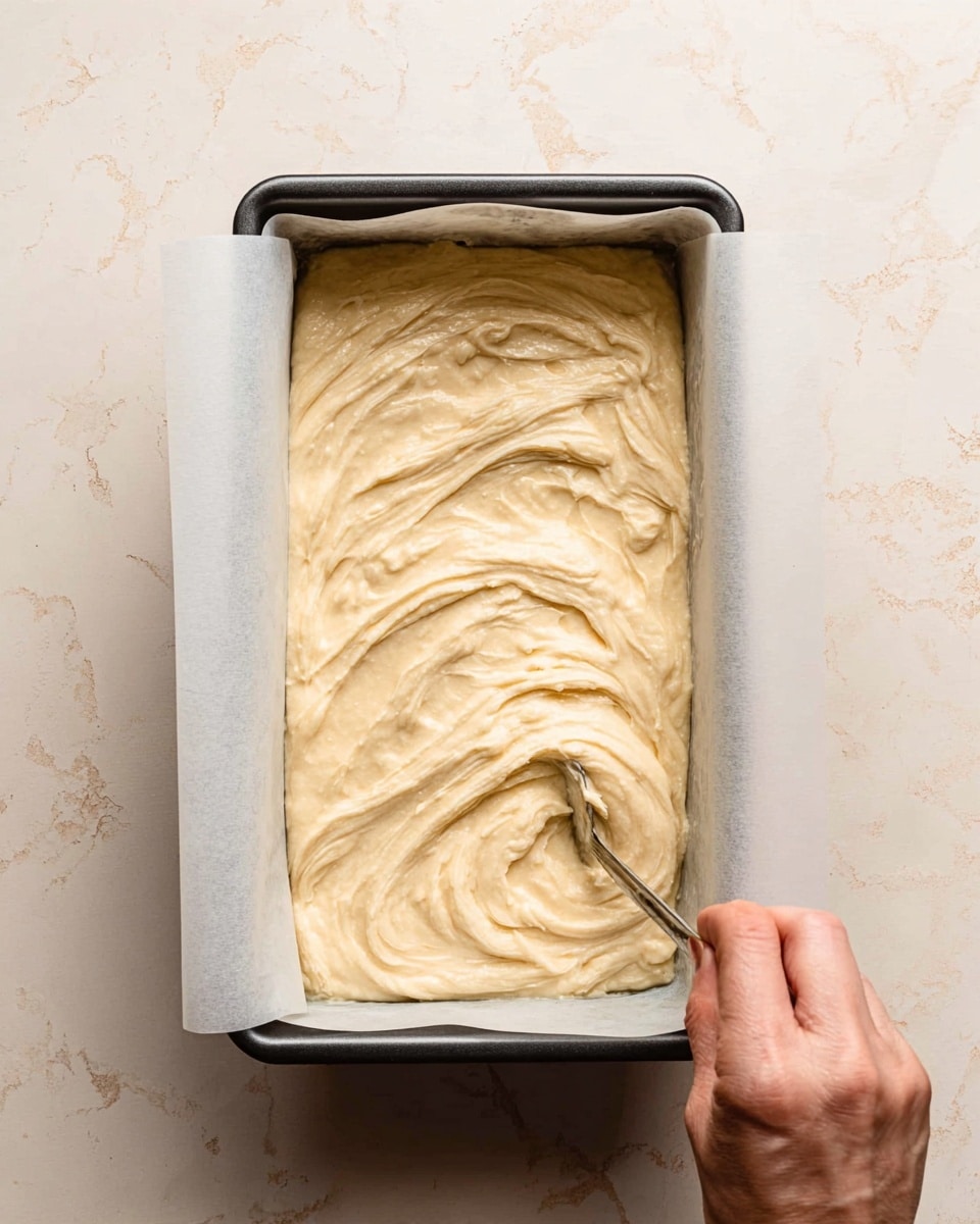 A white rectangular baking pan lined with parchment paper holds two layers of batter. The bottom layer is a smooth, light cream color that fills the pan close to the edges. The top layer is a thicker, beige batter with a rough, swirled texture spread unevenly across the light cream batter. A woman's hand is visible on the right side, using a metal spoon to create more swirls on the top layer. The pan rests on a white marbled surface. photo taken with an iphone --ar 4:5 --v 7