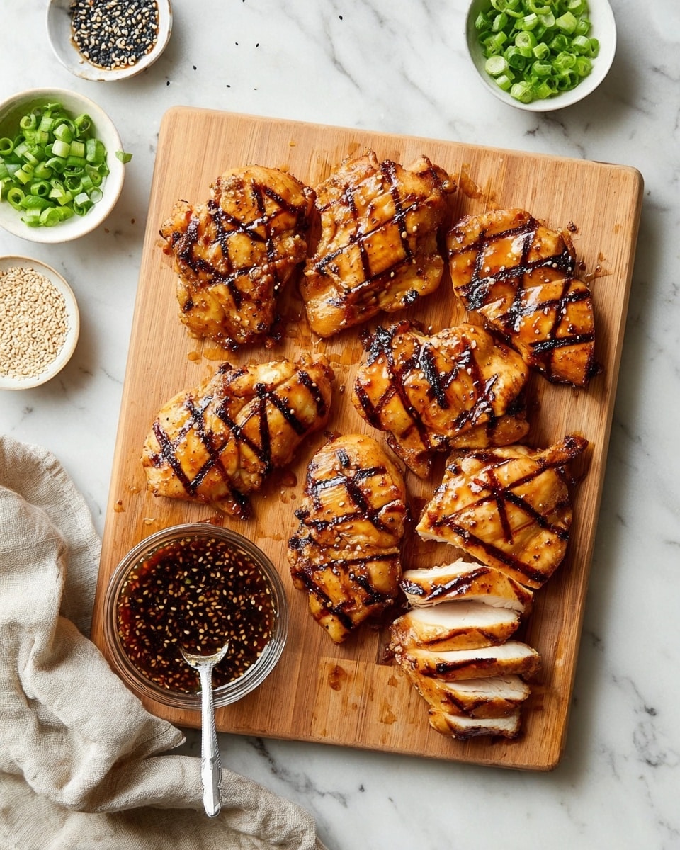 The image shows a wooden board on a white marbled surface with eight grilled chicken pieces arranged neatly. Each piece has clear, dark grill marks in a crisscross pattern, giving a charred texture. The chicken is golden-brown and glossy, with some pieces sliced into thick strips while others remain whole. On the bottom left corner of the board is a small glass bowl filled with dark sauce that has visible seeds and spices, with a spoon resting inside. Surrounding the board are small white bowls, one filled with chopped green onions and another with white and black sesame seeds. A beige cloth napkin is loosely placed beside the board. Photo taken with an iphone --ar 4:5 --v 7