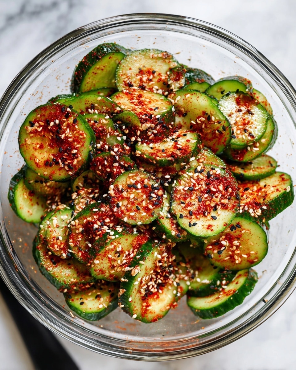 The image shows a clear glass bowl filled with thin round slices of cucumber covered in a red chili sauce with bits of black sesame seeds and chili flakes scattered on them and around the inside of the bowl. On top of the cucumber slices, there is a layer of finely chopped green onions with light and dark green rings. A black spoon covered in sauce is resting inside the bowl on the right side. The whole scene is set on a white marbled texture. Photo taken with an iphone --ar 4:5 --v 7