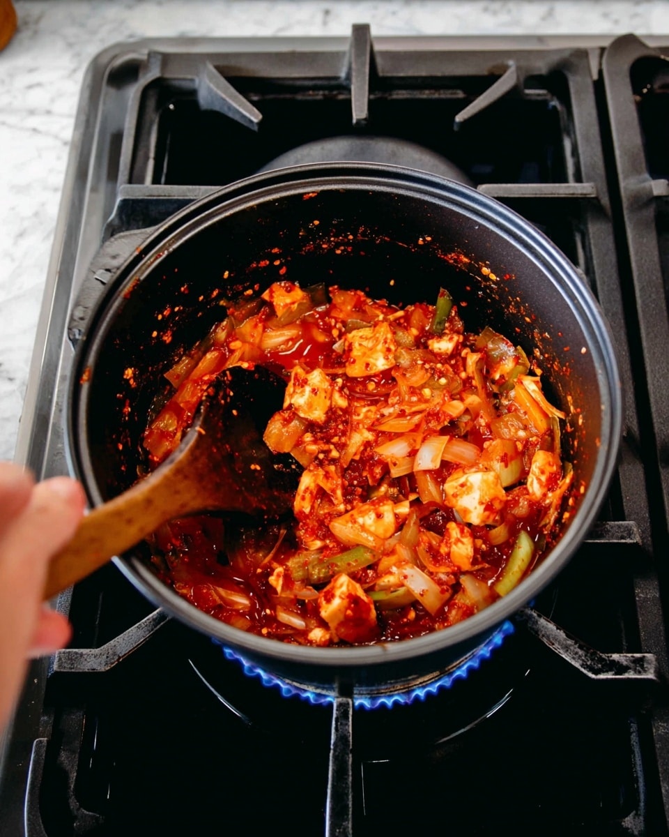 The image shows a black cooking pot on a gas stove with blue flames under it, filled with a spicy-looking dish made of chopped vegetables and red sauce. The dish has chunks of white and translucent vegetables mixed with bright red sauce and bits of dried chili flakes, creating a rich, textured look. A woman's hand is holding a dark wooden spoon, stirring the mixture inside the pot. The background features the black metal stove grate with a white marbled surface beneath. photo taken with an iphone --ar 4:5 --v 7