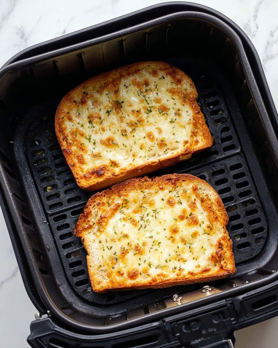 The image shows two slices of toasted bread inside a black air fryer basket. Each slice has one main layer of melted, golden-brown cheese with a slightly bubbly texture and some herbs sprinkled lightly over the top. The bread edges are lightly browned, with visible crumb texture. The air fryer basket has a grid pattern and is sitting on a white marbled surface. Photo taken with an iphone --ar 4:5 --v 7