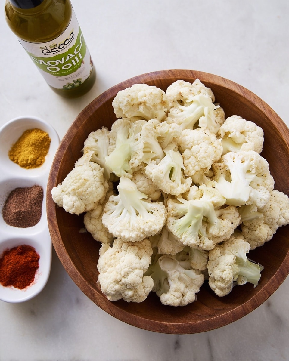 A top view of a wooden bowl filled with many pieces of raw cauliflower, all white with pale green stems, placed on a white marbled surface. Nearby, there is a small white bowl containing different spices in small mounds; the colors include dark brown, light brown, red, yellow, and white. Behind the wooden bowl, a bottle labeled with “avocado oil” in green and white stands partially visible. photo taken with an iphone --ar 4:5 --v 7