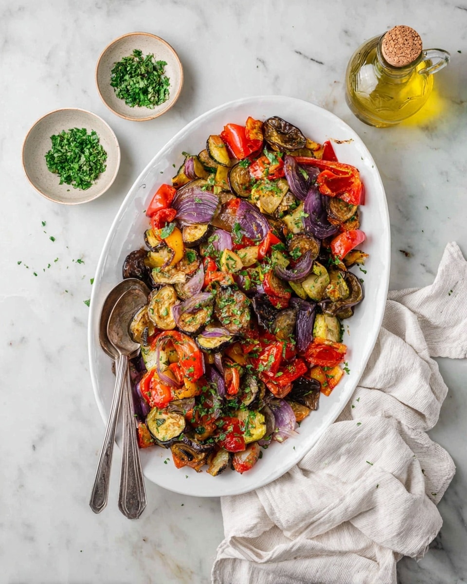 A white oval plate filled with a colorful mix of roasted vegetables, layered with red bell peppers, purple onions, sliced eggplants, and pieces of zucchini, all with a slightly charred texture. Bright green chopped herbs are sprinkled on top, adding freshness. Two silver spoons rest together inside the plate on the left side. The plate sits on a white marbled surface with a small bowl of chopped green herbs and a bottle of olive oil with a cork stopper nearby. A soft, crumpled white cloth is placed to the right of the plate. Photo taken with an iphone --ar 4:5 --v 7