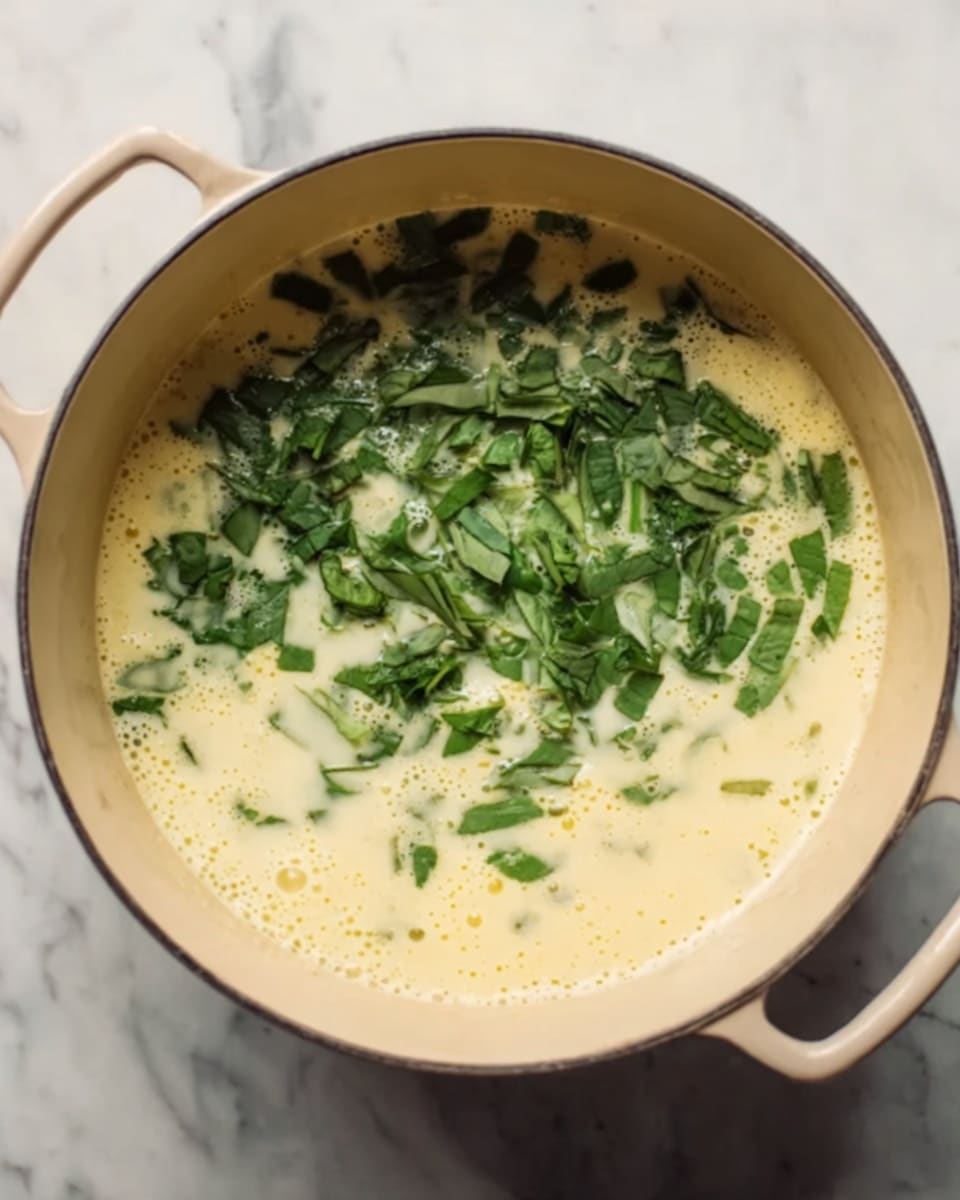 A creamy light yellow soup fills a large pot with a pale cream inside. The top is covered with fresh, bright green chopped leaves, scattered unevenly across the surface. The pot is on a white marbled surface, and the pot itself is beige with a handle on the left side. The soup looks smooth with tiny bubbles and a slightly oily shine around the edges photo taken with an iphone --ar 4:5 --v 7
