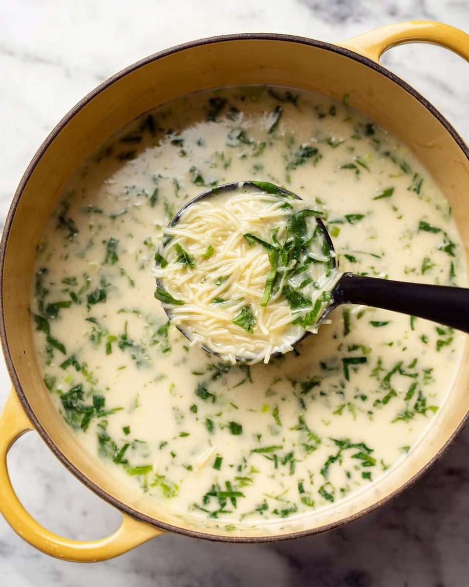 A yellow pot filled with creamy white soup that has many small pieces of bright green herbs evenly spread throughout. A black ladle is lifting a nest of thin, white noodles mixed with herbs from the soup. The pot sits on a white marbled surface, the soup looks smooth and slightly thick with the fresh green herbs adding texture. photo taken with an iphone --ar 4:5 --v 7