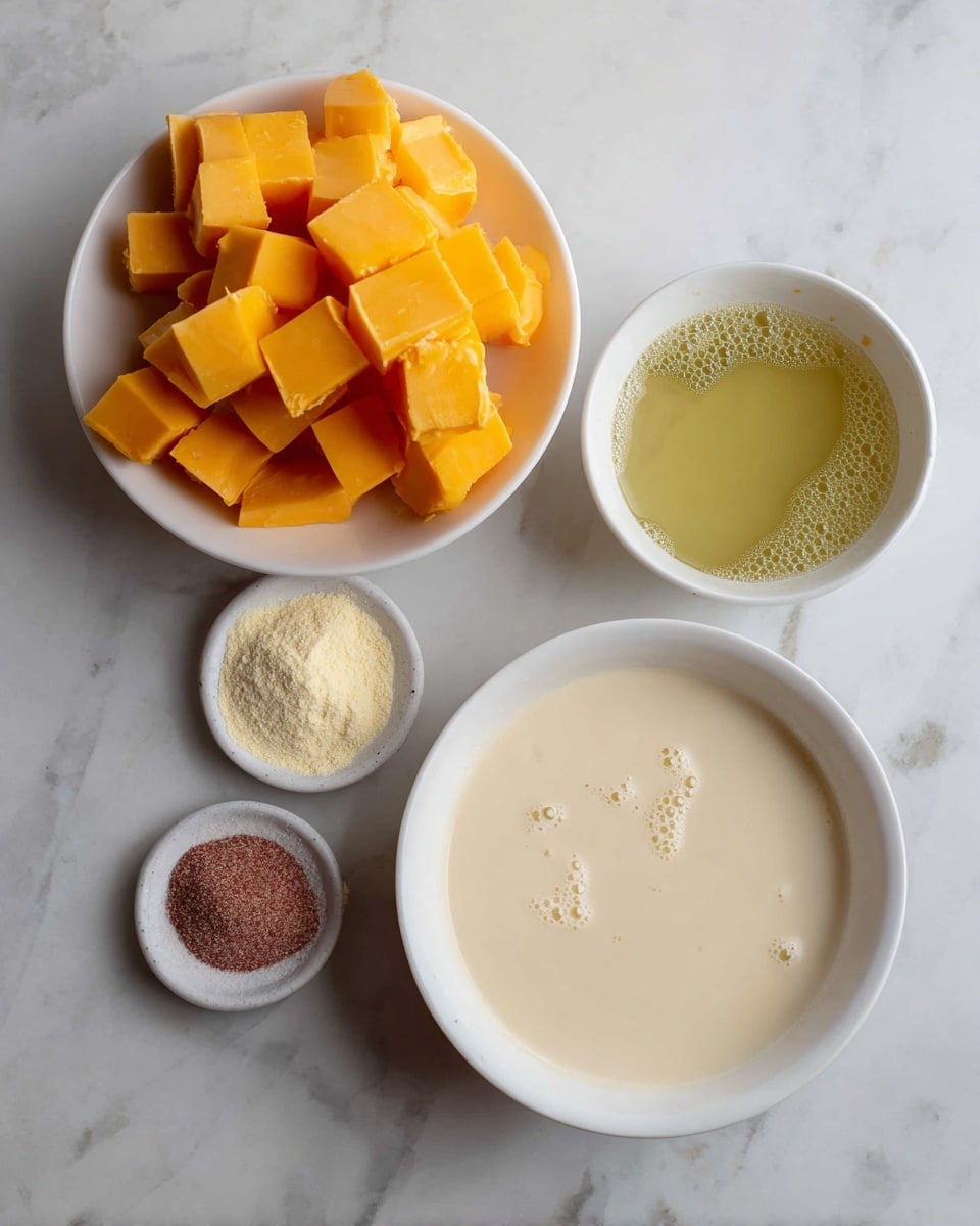 Four white bowls sit on a white marbled surface. The top left bowl is filled with many bright orange cheese cubes stacked together, showing smooth and solid textures. To the top right, a bowl holds clear, light olive-green liquid with a smooth surface. Below this, another bowl contains a creamy beige liquid with small bubbles on top and a slightly shiny texture. The bottom left small bowl has three small piles of powdered ingredients in pale yellow, white, and light reddish-brown colors, neatly arranged in separate sections within the bowl. photo taken with an iphone --ar 4:5 --v 7
