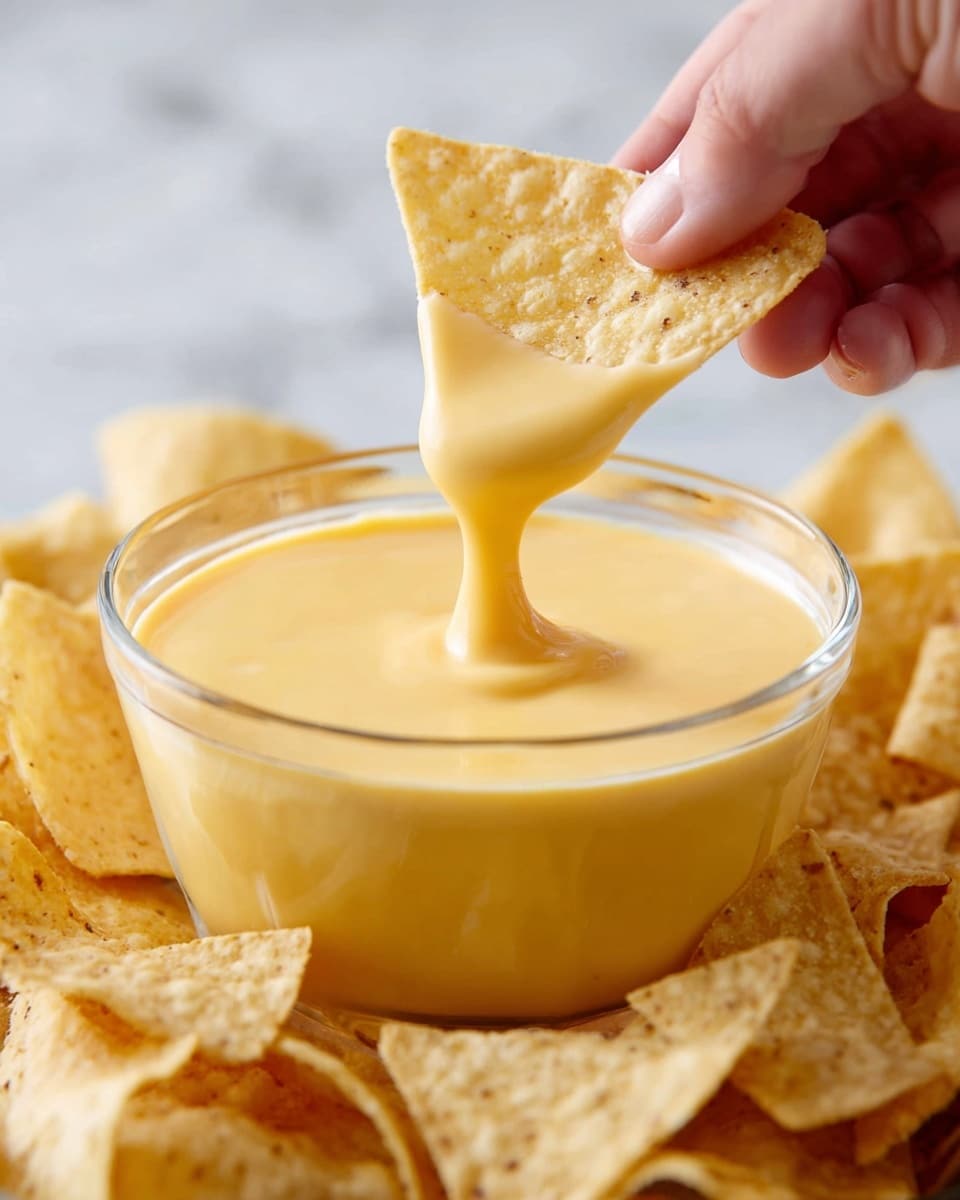 A close-up view shows a clear glass bowl filled with smooth, creamy yellow cheese sauce. A woman's hand is holding a triangular, light beige tortilla chip dipped halfway into the cheese, with the sauce dripping slightly back into the bowl. Around the bowl, there are scattered crispy tortilla chips in light beige color. The scene is set on a white marbled textured surface. photo taken with an iphone --ar 4:5 --v 7