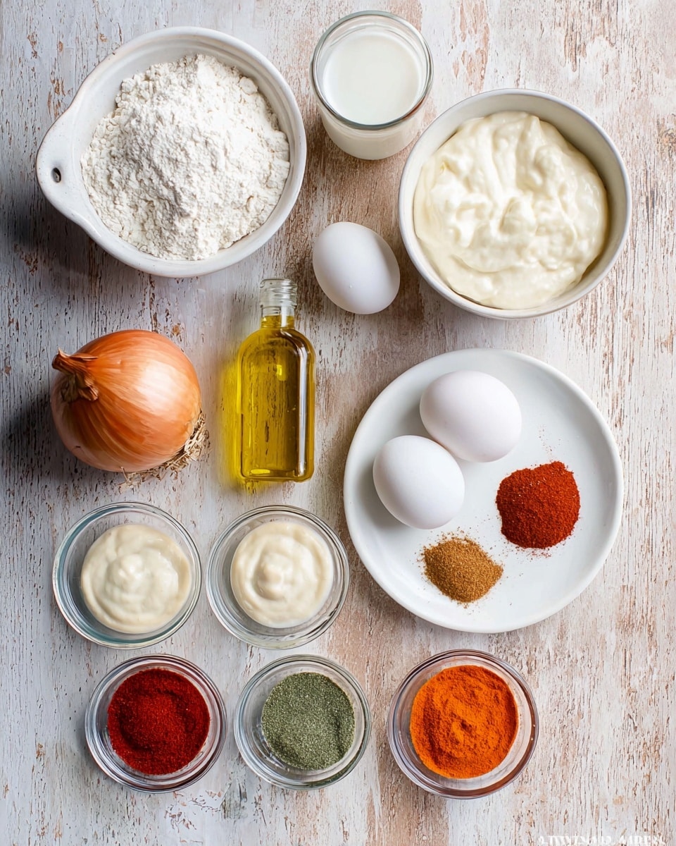 The image shows various ingredients arranged neatly on a white marbled texture. At the bottom left is a white measuring cup filled with white flour. To the right of it is a whole brown onion with skin, and next to the onion is a small bottle filled with clear yellow oil. Above the onion and oil is a small clear glass with white liquid, possibly milk. Above that glass are two white eggs side by side. To the right of the eggs is a white plate holding four small piles of spices in different colors: light pink, green, brown, and bright orange. Above this plate is a bigger white bowl filled with a creamy white sauce. To the left near the bowl are smaller clear glass bowls, some holding creamy white mayo-like sauces and some with red and orange powders or powders mixed with liquid. Everything is organized in rows and columns, creating a clear, clean, and simple layout for cooking ingredients photo taken with an iphone --ar 4:5 --v 7