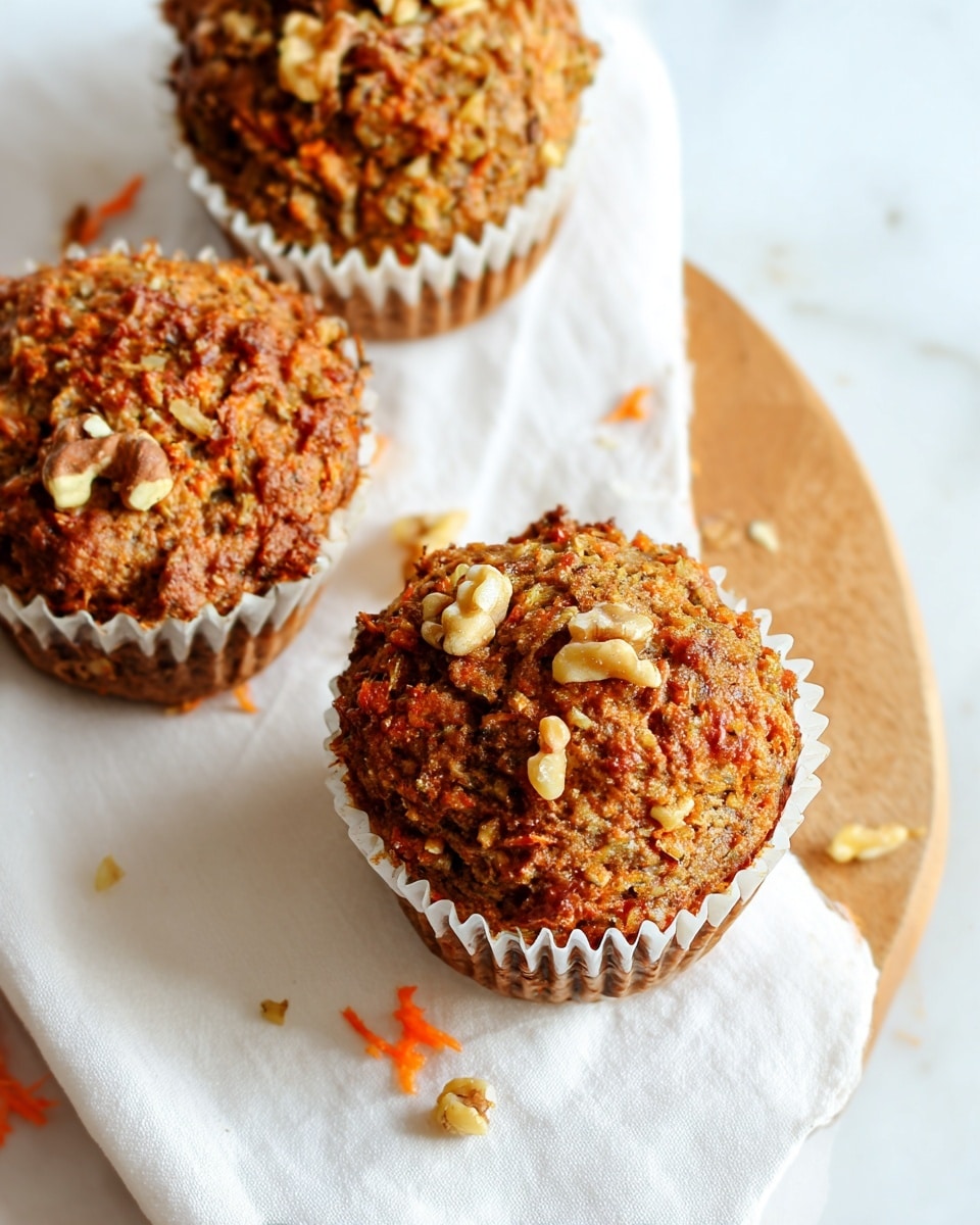 Three muffins sit on a white cloth on a round wooden board, placed on a white marbled surface. Each muffin has a rough, textured top with visible bits of chopped walnuts and grated carrot, giving them a mix of light brown, orange, and beige colors. The muffins are held in white paper liners that have a slightly ruffled edge. Small walnut pieces are scattered on top of the muffins, adding a crunchy appearance. Some tiny pieces of grated carrot are also visible around the muffins on the cloth. photo taken with an iphone --ar 4:5 --v 7