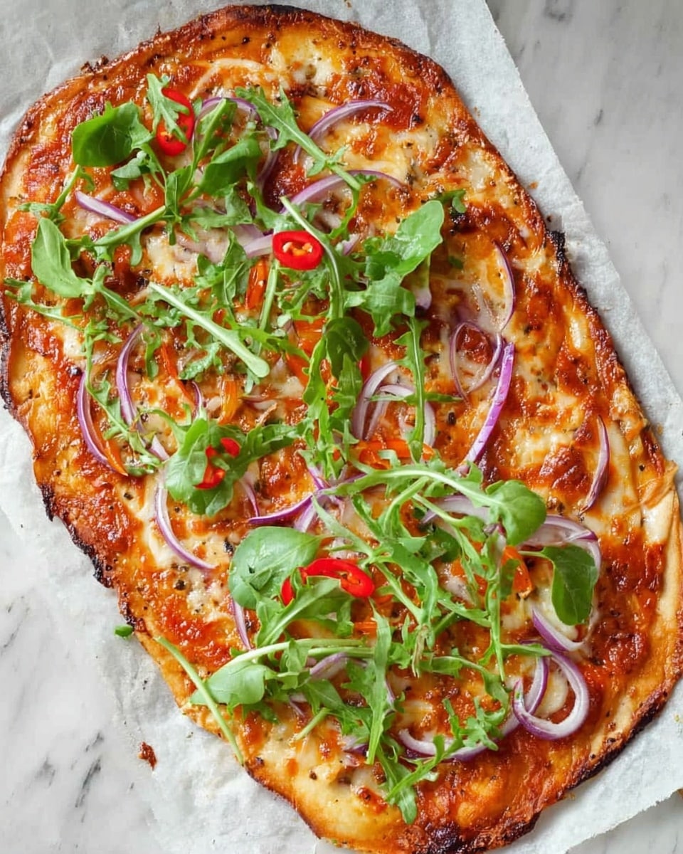 A single oval-shaped pizza rests on a white marbled surface, with a golden-brown thin crust forming the base layer. On top, a layer of melted light beige cheese spreads evenly, followed by thin slices of purple onion arranged in curved strips across the pizza. Bright red chili pepper slices are scattered in an irregular pattern, adding pops of color. Fresh green arugula leaves are placed loosely on top, giving a fresh and leafy texture. Small red chili flakes are sprinkled lightly over the whole pizza, adding a touch of spice. Photo taken with an iphone --ar 4:5 --v 7