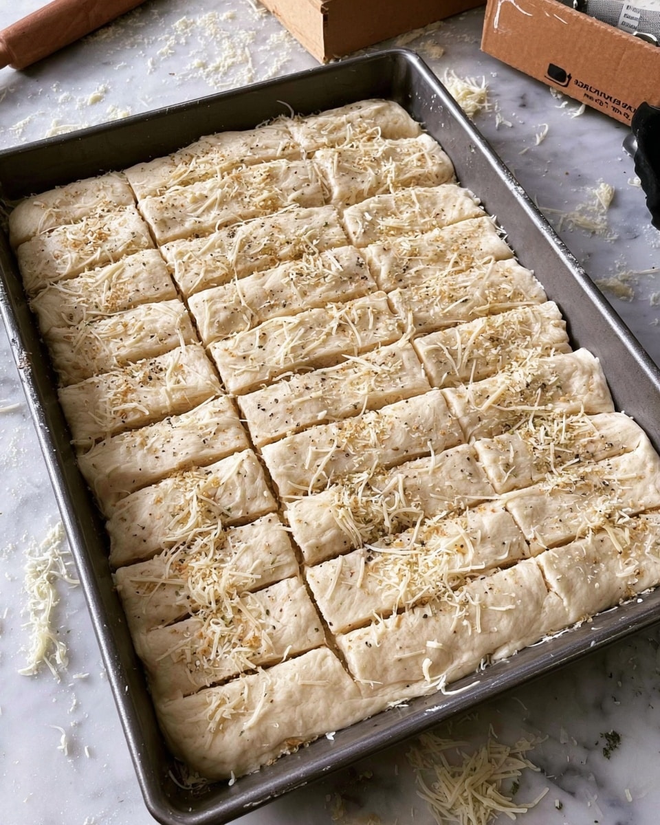 A large rectangular baking pan filled with thick dough spread evenly and scored into small rectangular pieces covering the entire surface. The dough is pale beige and has been sprinkled on top with shredded cheese and small bits of herbs or seasoning, giving a slightly textured look. The baking pan is placed on a white marbled surface, with some scattered cheese around. In the background, there is a box and some kitchen tools partially visible. photo taken with an iphone --ar 4:5 --v 7