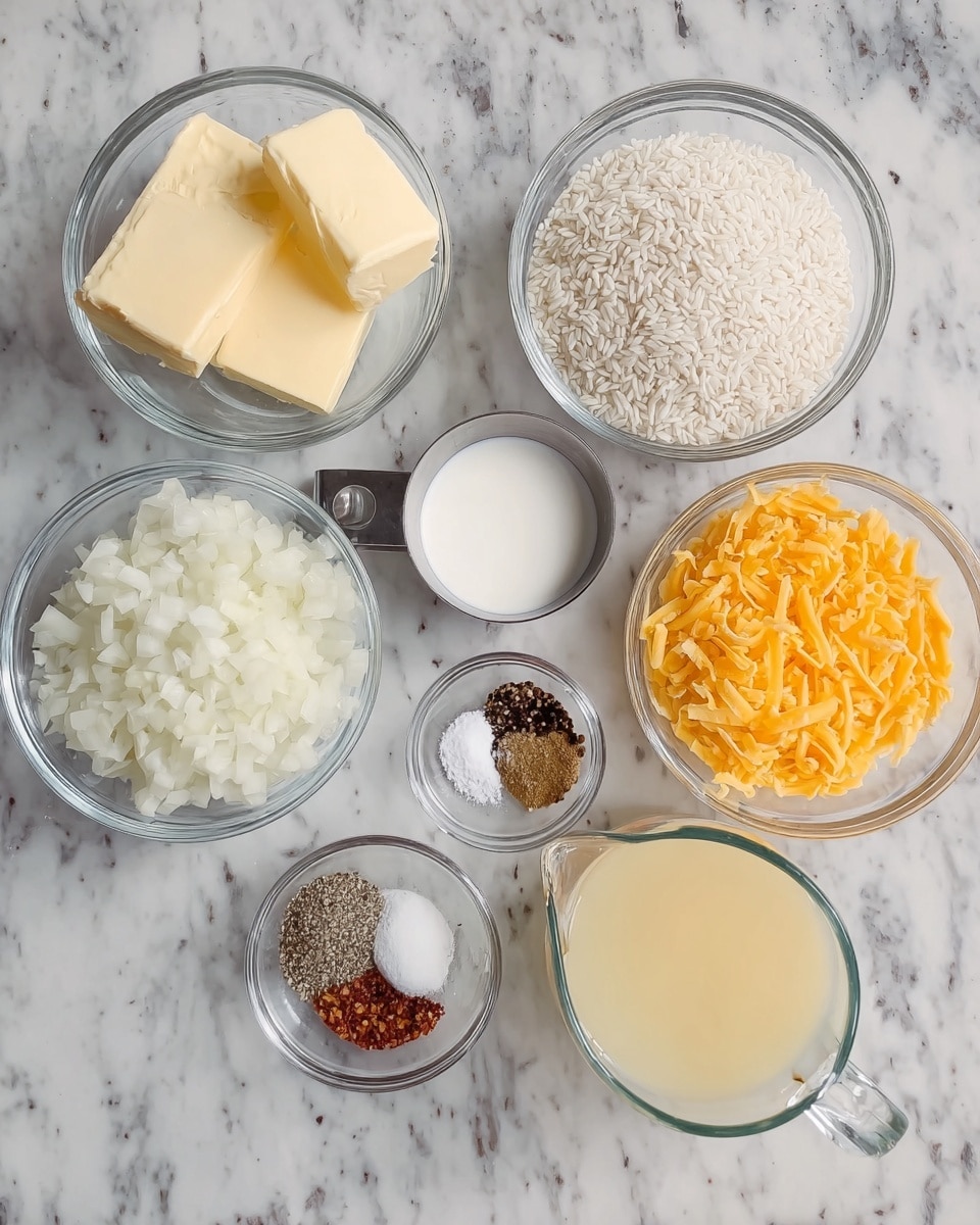The image shows seven small clear glass bowls and one metal measuring cup arranged in a circle on a white marbled surface. One bowl holds three slices of butter stacked together. A metal cup near the top center is filled with uncooked white rice. A bowl next to it contains white creamy liquid, likely milk or cream. Below that, a small bowl has coarse white salt, black pepper, and reddish-brown seasoning side by side. At the bottom left, a bowl is filled with chopped white onions, and next to it, another bowl contains shredded bright orange cheddar cheese. On the right side, a clear glass measuring cup holds a pale yellow liquid that looks like broth or juice. photo taken with an iphone --ar 4:5 --v 7