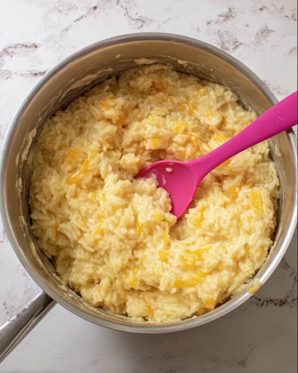 A close-up view of a silver pot filled with creamy yellow rice mixed with melted bits of cheddar cheese. The rice looks soft and sticky, with small, smooth grains all blended together. Resting inside the pot is a bright pink spoon partially submerged in the cheesy rice, its handle extending towards the left. The pot is set on a white marbled surface, which adds a clean, simple background to the image. Photo taken with an iphone --ar 4:5 --v 7
