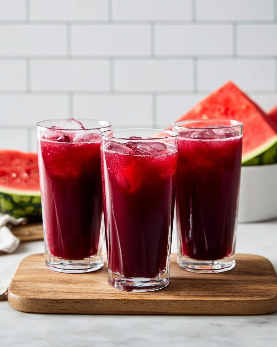 Three tall clear glasses filled with dark red juice with ice cubes on top are placed in a row on a small wooden cutting board. In the background, there is a white bowl holding a halved watermelon with the bright red flesh and green rind visible. The scene is set on a white marbled surface with white subway tile in the background. photo taken with an iphone --ar 4:5 --v 7