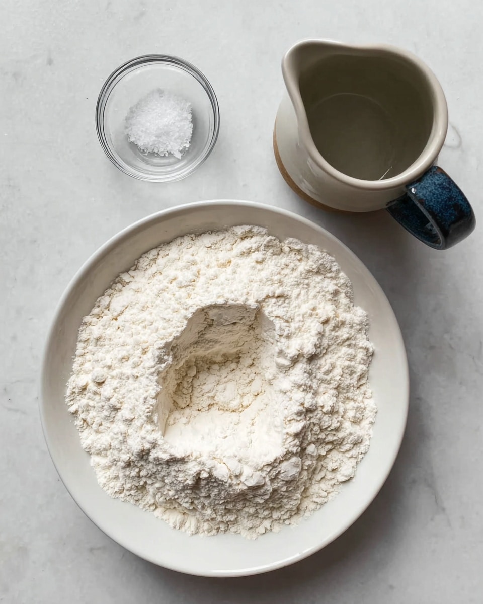 A white bowl filled with a loose heap of fine white flour with a small well in the center, set on a white marbled surface. Above the bowl, there is a grayish cream pitcher with a dark blue handle and a small clear glass bowl holding a small amount of salt. The image has a soft, natural light with a clean, minimal look. photo taken with an iphone --ar 4:5 --v 7