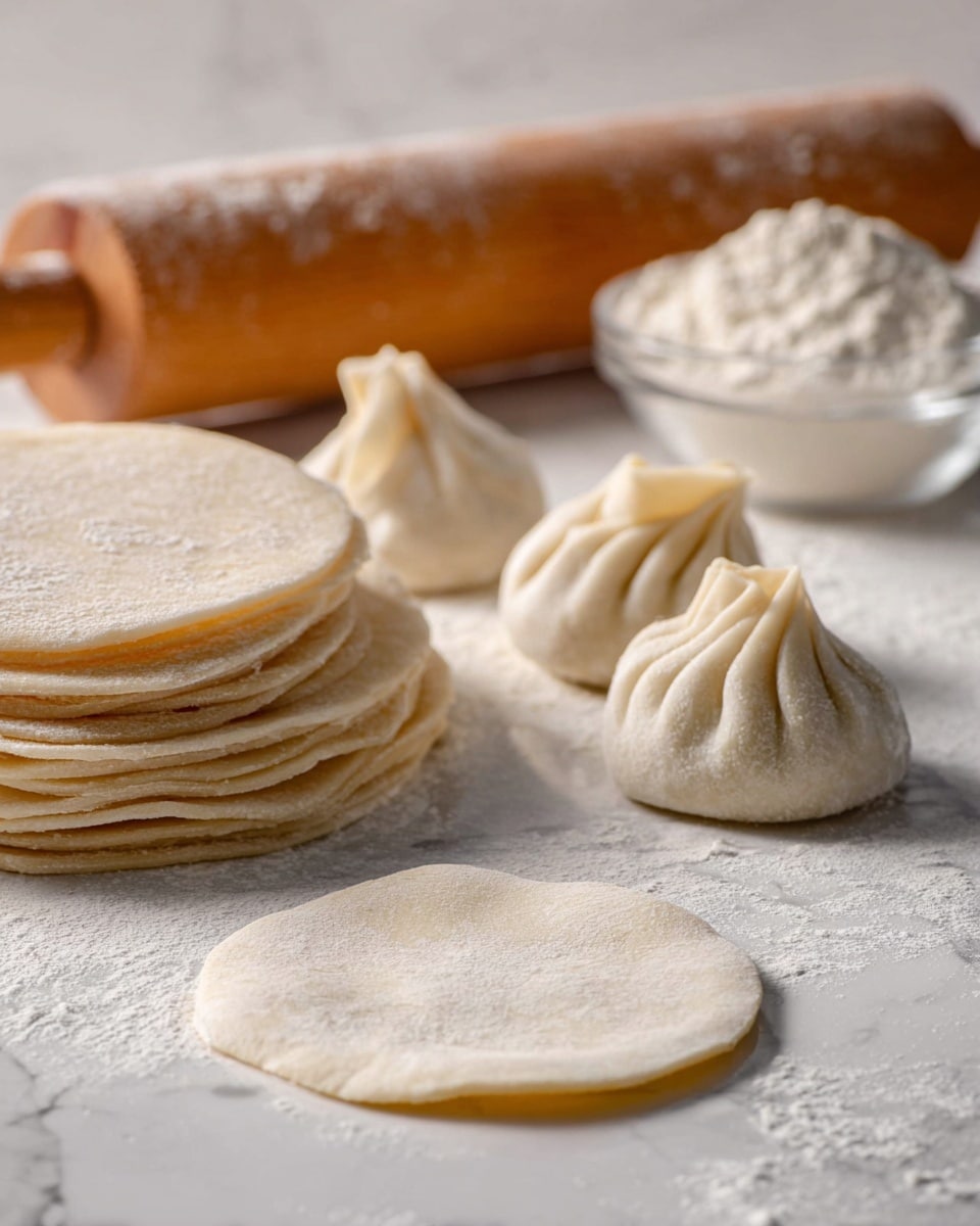 The image shows a white marbled surface with a stack of thin, round dough pieces on the left side, their pale beige color and soft texture visible. In the foreground, a single rolled-out dough circle lies flat with a dusting of flour. In the background, there are three folded dumplings, two with detailed pleats standing upright and one simple folded dumpling lying on its side. Behind these, a wooden rolling pin covered with some flour rests horizontally. A small glass bowl with flour sits near the rolling pin, slightly out of focus. The scene is softly lit, highlighting the dough’s texture and the flour scattered on the surface photo taken with an iphone --ar 4:5 --v 7