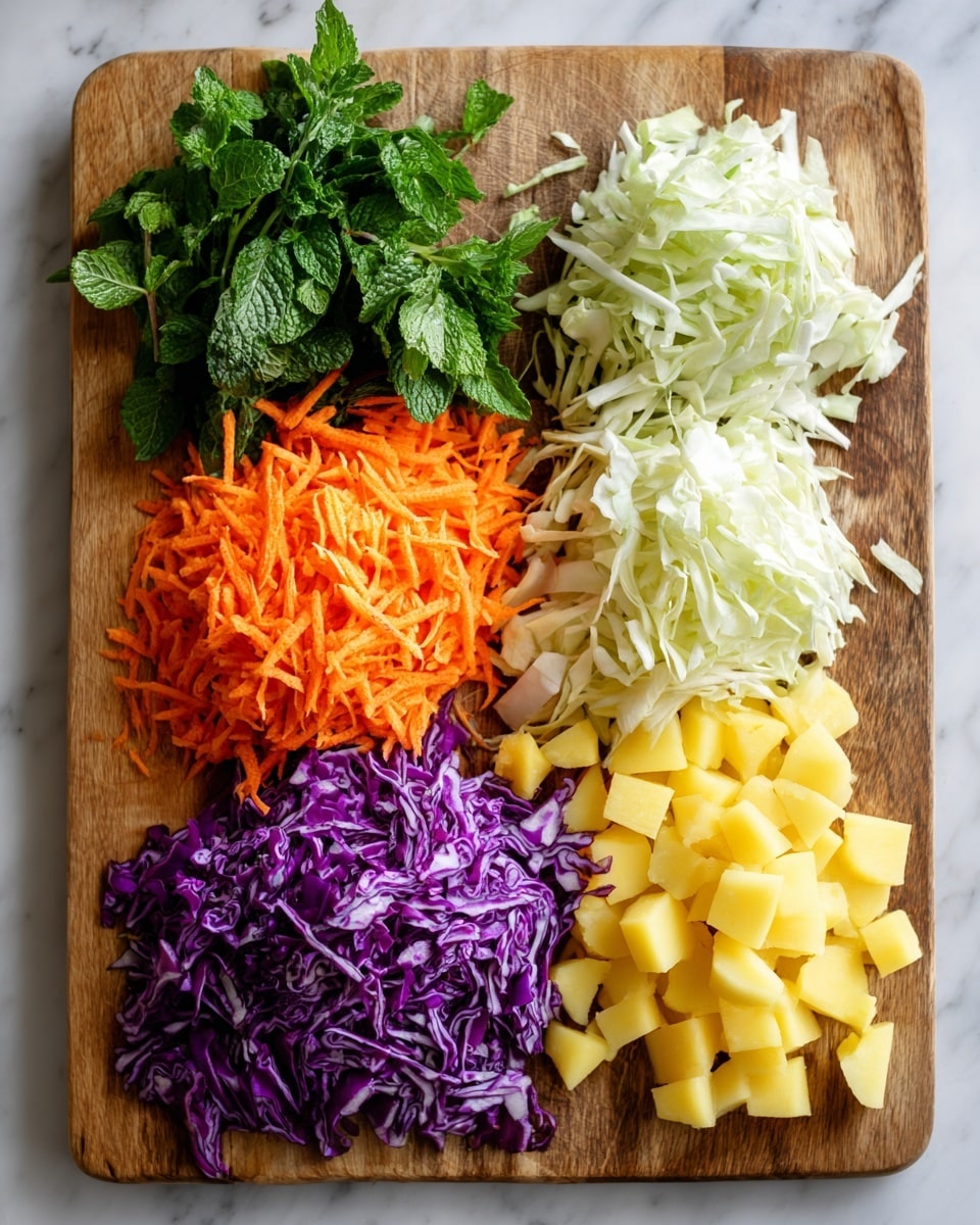 A wooden cutting board is placed on a white marbled surface, showing four groups of chopped vegetables arranged in separate sections: bright orange shredded carrots on the top right, thin slices of white cabbage to the right, small yellow cubed potatoes at the bottom right, and shredded purple cabbage on the bottom left. At the top left corner of the board, fresh leafy green herbs, including mint and cilantro, add a splash of dark green color. The textures show a mix of smooth, crisp, and fresh elements, giving a colorful and fresh look to the ingredients. Photo taken with an iphone --ar 4:5 --v 7