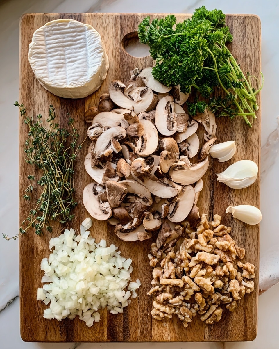 The image shows a wooden cutting board placed on a white marbled surface, filled with different chopped ingredients arranged in neat piles. In the center, there is a large pile of sliced brown mushrooms with white inner flesh, their texture smooth and slightly curved. To the left of the mushrooms, there are two vertical layers: finely chopped white onions at the bottom and chopped garlic cloves above them. To the right of the mushrooms, there is a pile of chopped walnuts with a rough, uneven texture and light brown color. Above the cutting board, there is a small bunch of fresh green parsley and a few sprigs of thyme with delicate leaves, along with a round wedge of white goat cheese resting on the upper left corner of the marbled surface. The light in the photo is soft and natural. Photo taken with an iphone --ar 4:5 --v 7