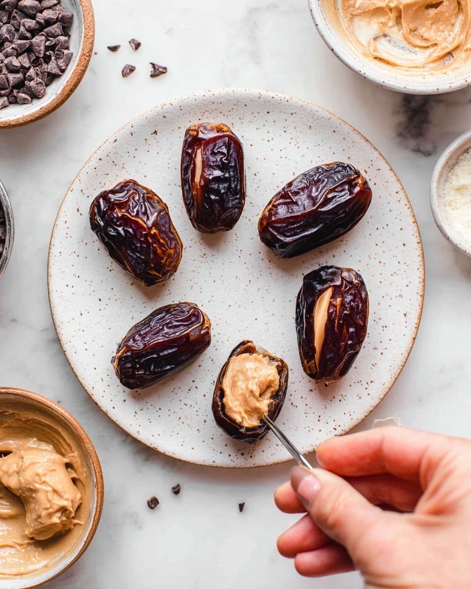 The image shows six dark brown dried dates with wrinkled skin placed on a round white plate with small brown specks. Two dates at the bottom are stuffed with a creamy light brown filling. A woman's hand holds one stuffed date while a thin metal tool adds more filling to it. Around the plate are bowls containing more filling and chocolate chips, all set on a white marbled surface. Photo taken with an iphone --ar 4:5 --v 7