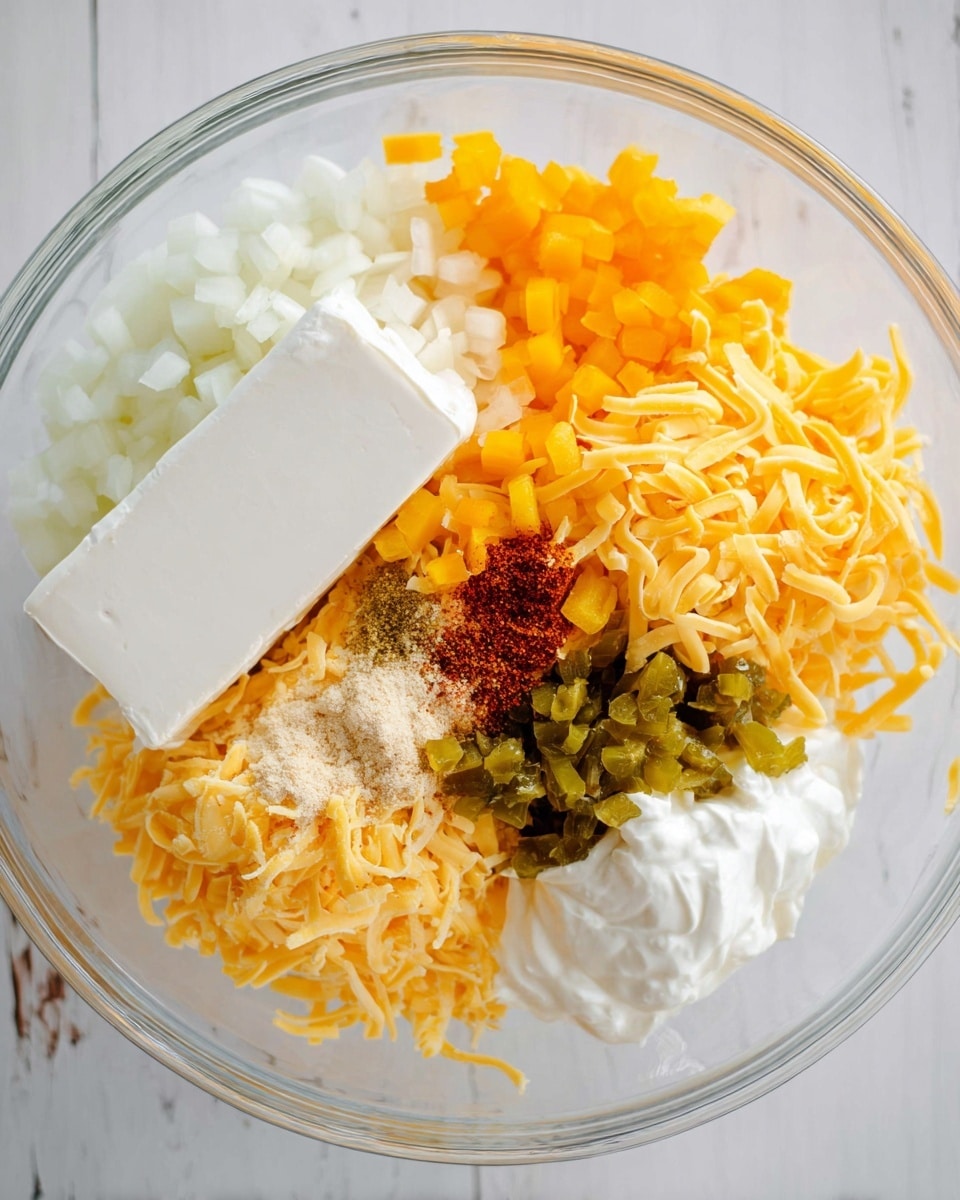 In a clear glass bowl placed on a white marbled surface, there are six separate piles of ingredients arranged side by side: finely chopped white onions at the top left, bright orange diced bell peppers next to the onions, a large block of white cream cheese positioned at the bottom left, a mound of shredded yellow cheddar cheese on the right side, a dollop of white sour cream next to the onions, and a small heap of chopped green pickles placed near the bottom right. In the middle of these ingredients, there are several spices sprinkled in red and pale beige colors. photo taken with an iphone --ar 4:5 --v 7