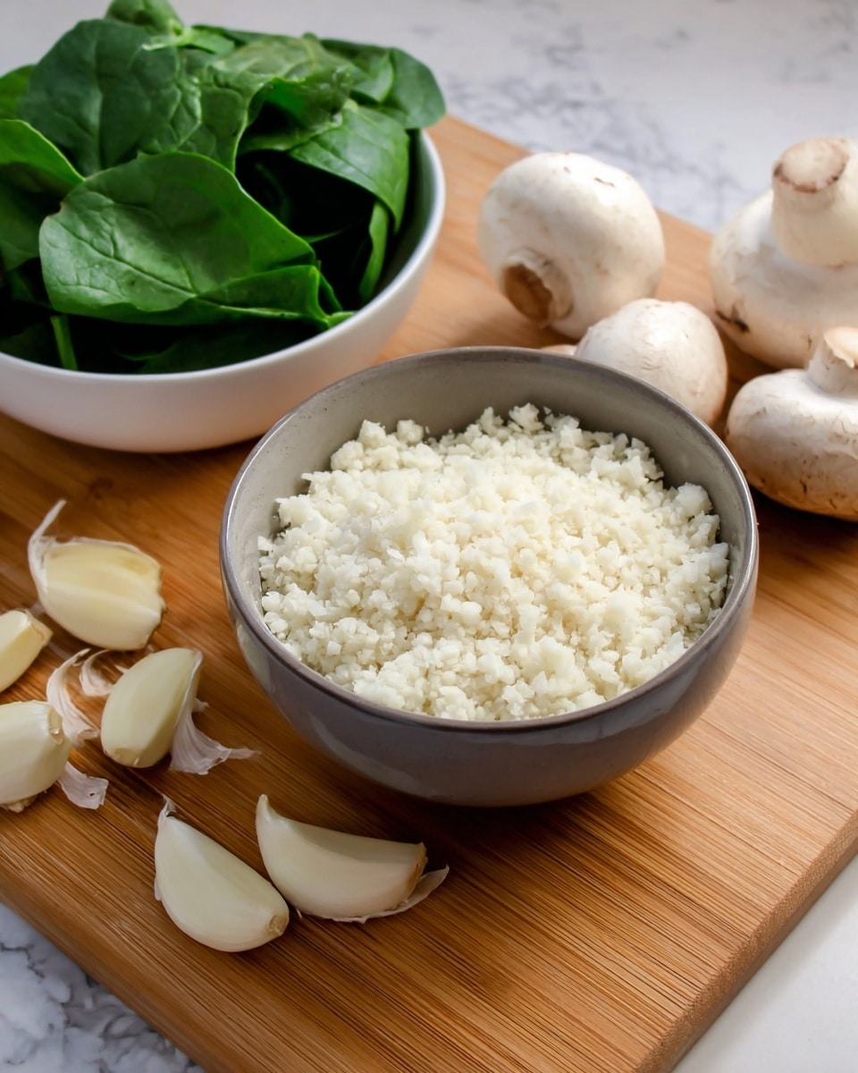 The image shows a grey bowl filled with small white grains that look like cauliflower rice, placed on a wooden board. To the left side of the bowl, there are several peeled garlic cloves spread out on the board. Behind the bowl, there is a white bowl full of fresh green spinach leaves. On the right side, there are four whole white mushrooms resting on the wooden board. The background surface is a white marbled texture. Photo taken with an iphone --ar 4:5 --v 7