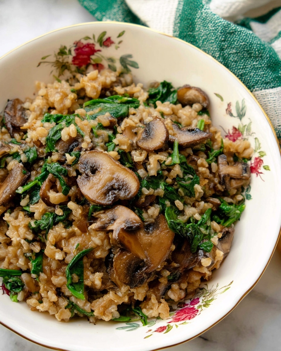 A close-up of a white bowl with floral patterns around the rim, filled with a mixture of cooked mushrooms, small pieces of light brown rice or grains, and bright green spinach leaves evenly mixed throughout. The mushrooms are sliced, showing their smooth, dark brown tops and lighter undersides, giving a soft, slightly shiny texture. The grains look tender and moist, with a slightly uneven surface, while the spinach adds a fresh, leafy texture. The bowl sits on a white marbled surface, with a green-and-white striped cloth partially visible in the top corner. Photo taken with an iphone --ar 4:5 --v 7