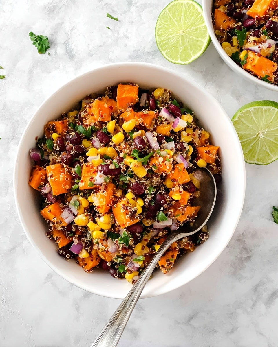 A white bowl filled with a colorful mixed salad sits on a white marbled surface. The salad has several visible layers: orange roasted sweet potato chunks, small yellow corn kernels, dark black beans, light fluffy quinoa grains, and small pieces of red onion. Green chopped herbs are scattered throughout the salad, adding a fresh touch. A silver spoon is placed inside the bowl on the right side. Two wedges of lime are placed nearby on the white marbled surface. Photo taken with an iphone --ar 4:5 --v 7