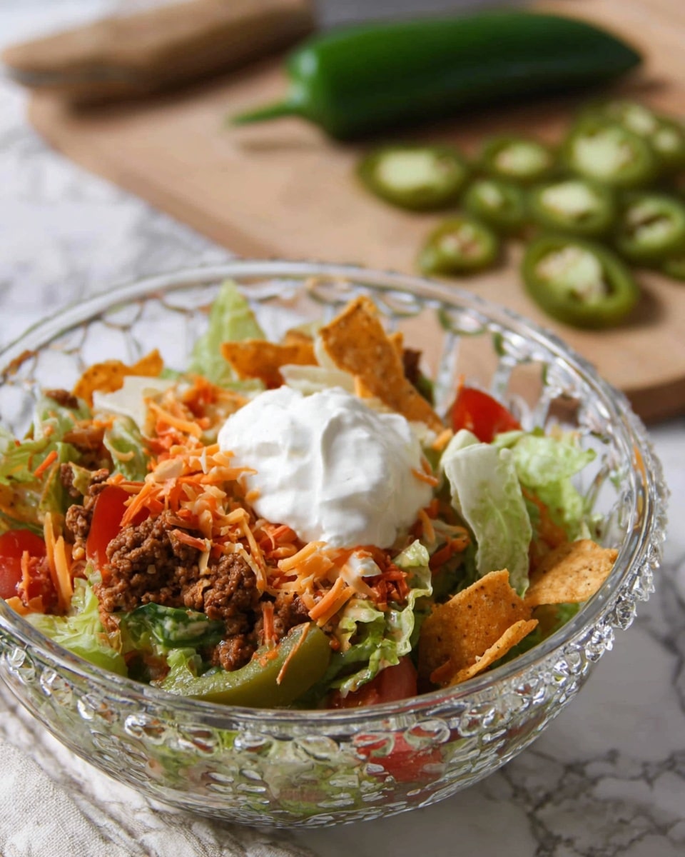 A clear glass bowl with decorative edges holds a mixed salad with several layers: at the bottom are green chopped lettuce leaves, scattered with shredded orange cheese, small pieces of red tomato, and dark brown cooked meat. A few round, orange tortilla chip pieces are mixed in. On top, there is a dollop of smooth white sour cream placed in the middle. The bowl is set on a white marbled surface. In the background, a wooden cutting board with sliced and whole green jalapeño peppers and a knife is visible, slightly out of focus. photo taken with an iphone --ar 4:5 --v 7