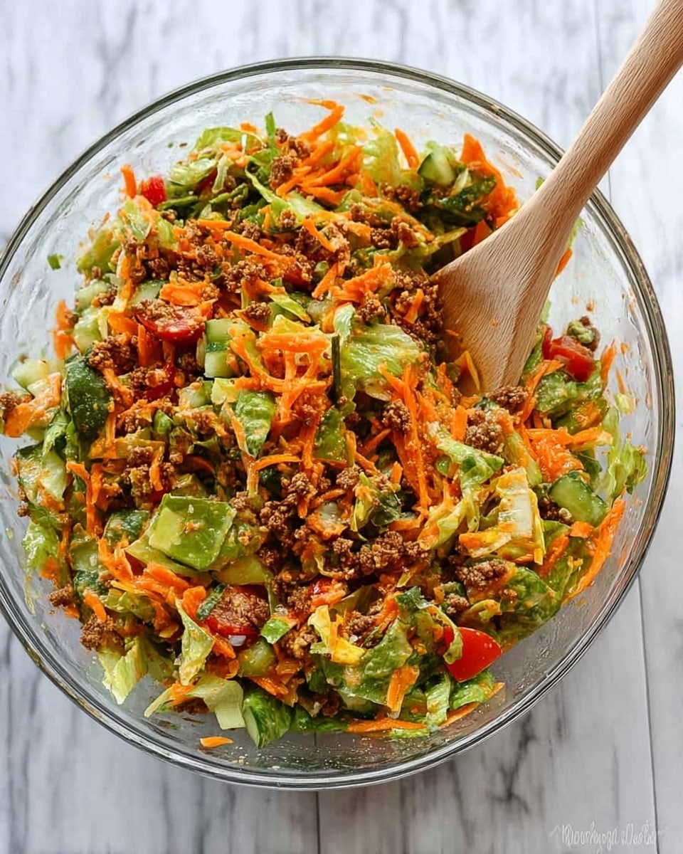 A clear glass bowl filled with a mixed salad that has multiple layers of bright colors and textures. The top layer shows chopped green lettuce pieces, thin shredded orange carrots, small red tomato chunks, and bits of green cucumber or pepper. There are also small pieces of browned ground meat or a similar crumbly ingredient spread throughout. A light wooden spoon rests inside the bowl, partially submerged in the salad. The bowl sits on a white marbled surface. photo taken with an iphone --ar 4:5 --v 7