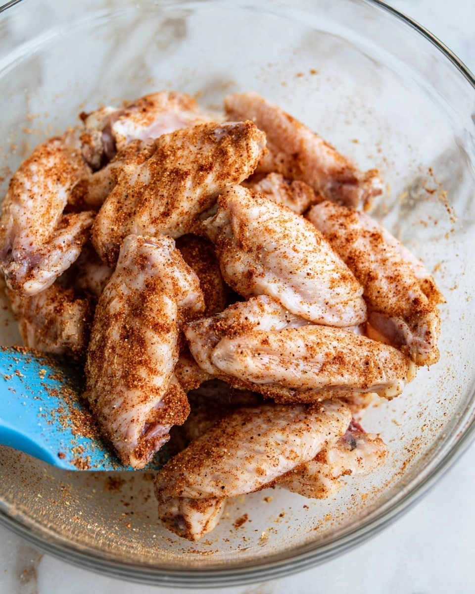 Inside a clear glass bowl on a white marbled surface, several raw chicken wings are arranged closely. The chicken wings are coated evenly with a dry, reddish-brown spice mix, creating a textured look on their pale skin. At the edge of the bowl, a blue spatula with traces of the spice mix rests, adding a hint of color contrast. The background is softly blurred, focusing attention on the seasoned wings inside the bowl photo taken with an iphone --ar 4:5 --v 7