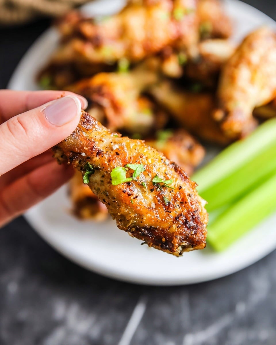 A close-up view shows a woman's hand holding a piece of crispy, golden-brown chicken wing with small green herb bits sprinkled on top. In the background, on a white plate, there are more chicken wings with the same crispy texture and golden color. To the right side of the plate, there are fresh green celery sticks. The plate is placed on a white marbled surface, giving a clean look. The chicken wings have a crunchy, slightly charred texture with visible seasoning on the skin photo taken with an iphone --ar 4:5 --v 7