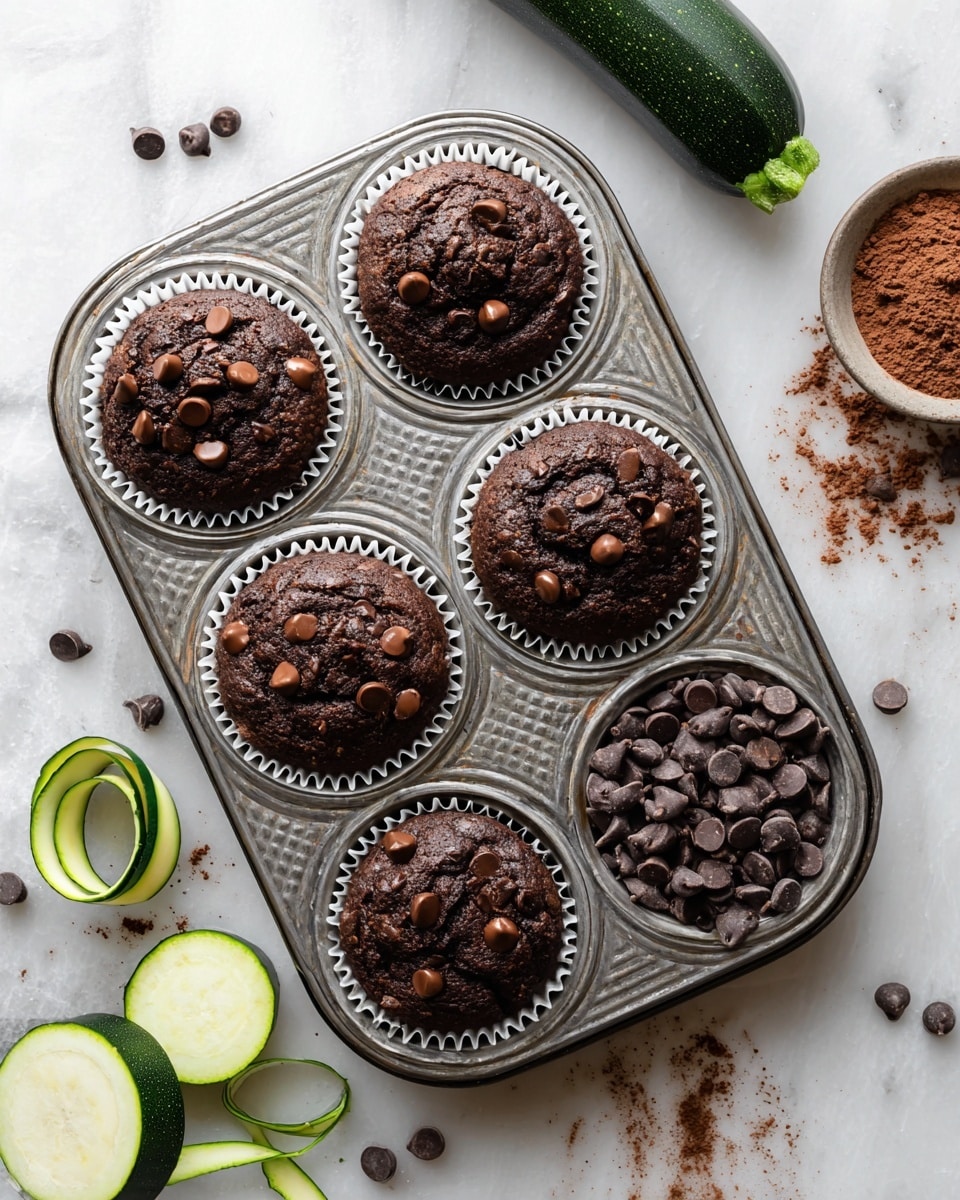 A metal muffin tray holding five dark chocolate muffins with smooth tops and scattered chocolate chips, each in white paper liners, fills five sections while the sixth section is filled with a pile of dark chocolate chips. The tray sits on a white marbled surface with a small dark green zucchini, thin green and white zucchini ribbons, a small bowl of cocoa powder, and some scattered chocolate chips around it. The texture of the muffins looks moist and dense with visible chocolate chips embedded in the surface. Photo taken with an iphone --ar 4:5 --v 7