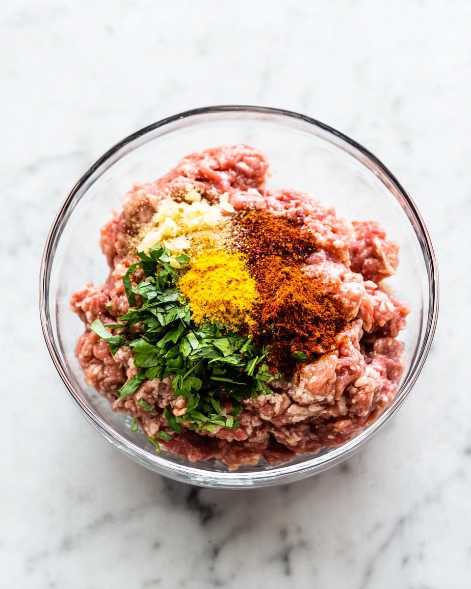 A clear glass bowl sits on a white marbled surface filled with raw ground meat that is light pink and slightly chunky. On top of the meat, there are small piles of bright yellow minced garlic, deep red and orange powdered spices, and fresh green herb leaves scattered neatly. The ingredients are unmixed, showing distinct layers and colors against the meat. photo taken with an iphone --ar 4:5 --v 7