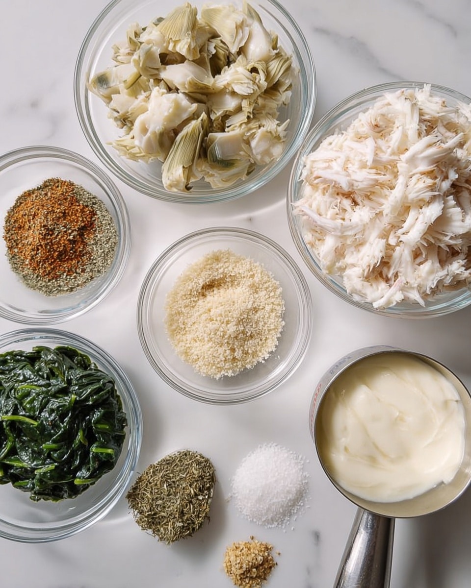 The image shows six clear glass bowls and a measuring cup arranged in a circle on a white marbled surface. Inside the bowls are different ingredients: shredded white crab meat in the top right, chopped artichokes in the top left, cooked green spinach in the bottom left, a mix of dry spices including garlic powder and dried herbs in the top center, seasoned breadcrumbs in the center, and a creamy white sauce or mayonnaise in a metallic measuring cup at the bottom right. The textures include soft crab meat, fibrous artichoke pieces, wilted spinach leaves, fine breadcrumbs, and smooth creamy sauce. photo taken with an iphone --ar 4:5 --v 7
