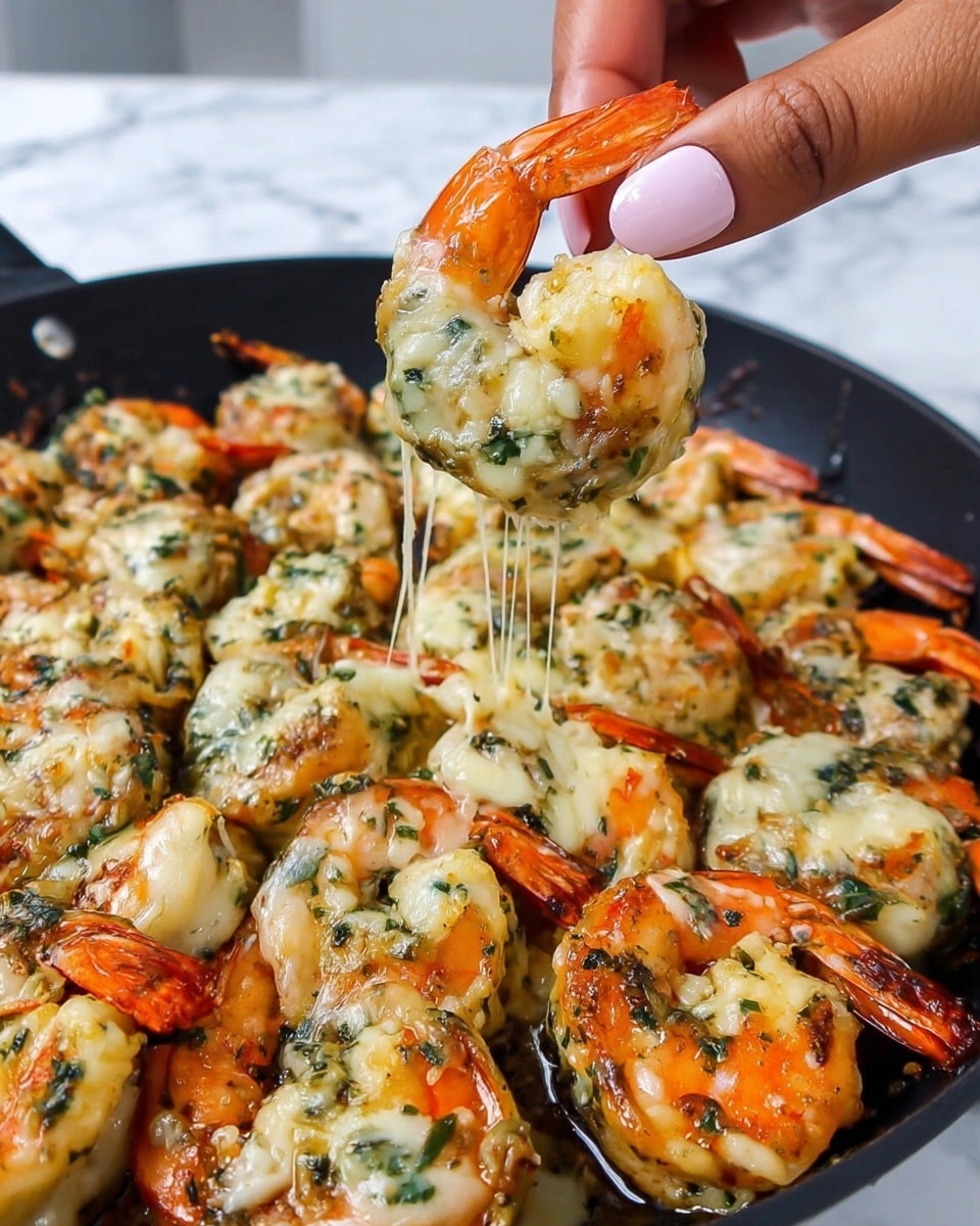 A close-up view of a black pan filled with shrimp covered in melted white cheese mixed with green herbs. The shrimp are bright orange with their tails sticking out, arranged close together in the pan. The cheese layer on each shrimp looks creamy and slightly browned in places, with green herb pieces spread evenly throughout. A woman's hand with light pink nails holds one shrimp up above the pan, showing the gooey cheese dripping from it. The surface beneath the pan is white with a marbled texture. Photo taken with an iphone --ar 4:5 --v 7