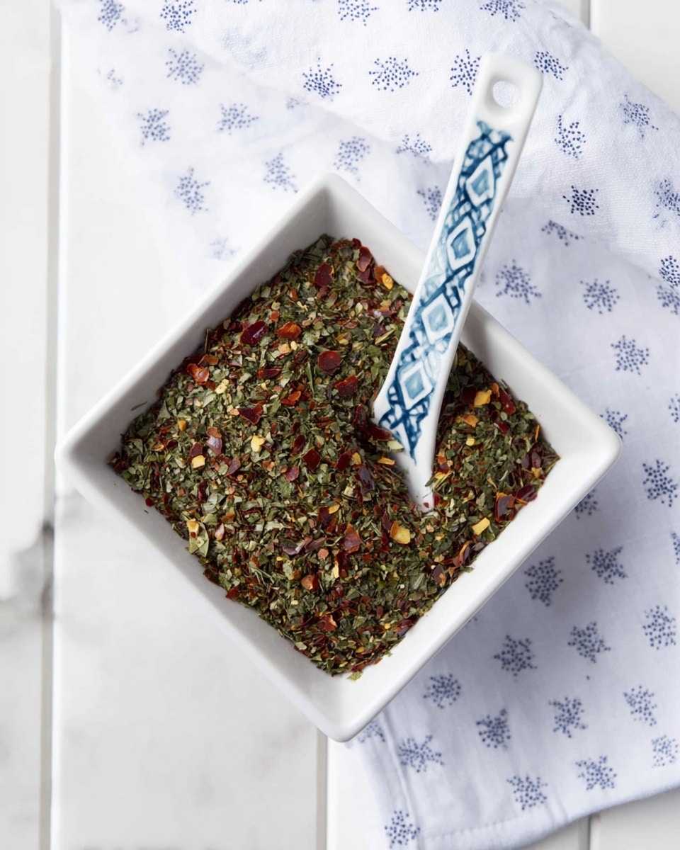A square white bowl filled with a mix of dried green herbs and red chili flakes, showing a mix of colors like green, red, and small yellow bits spread evenly across the surface. Inside the bowl is a small white spoon with a long handle decorated with a blue diamond-shaped pattern that rests angled to the right. The bowl sits on a white marbled surface next to a white cloth with small blue star-like prints. The photo taken with an iphone --ar 4:5 --v 7