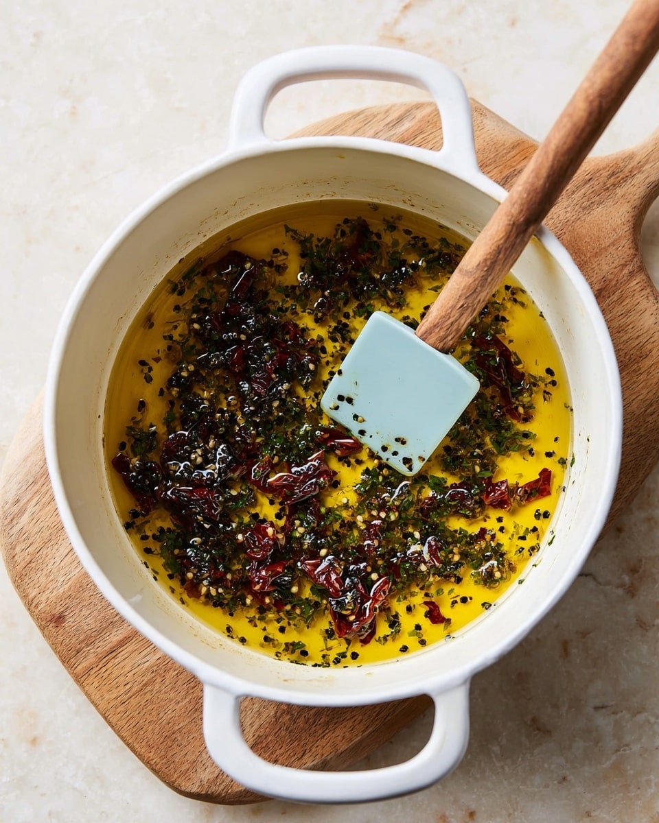 A white pot with two handles sits on a wooden board over a white marbled surface. Inside the pot is a mixture of golden yellow oil filled with small dark red pieces, likely dried tomatoes or chili, along with finely chopped green herbs and black seeds. A light blue spatula with a wooden handle is resting inside the pot, partially mixed into the oil and ingredients. The colors contrast between the bright oil and dark bits, creating a rich, textured look. photo taken with an iphone --ar 4:5 --v 7