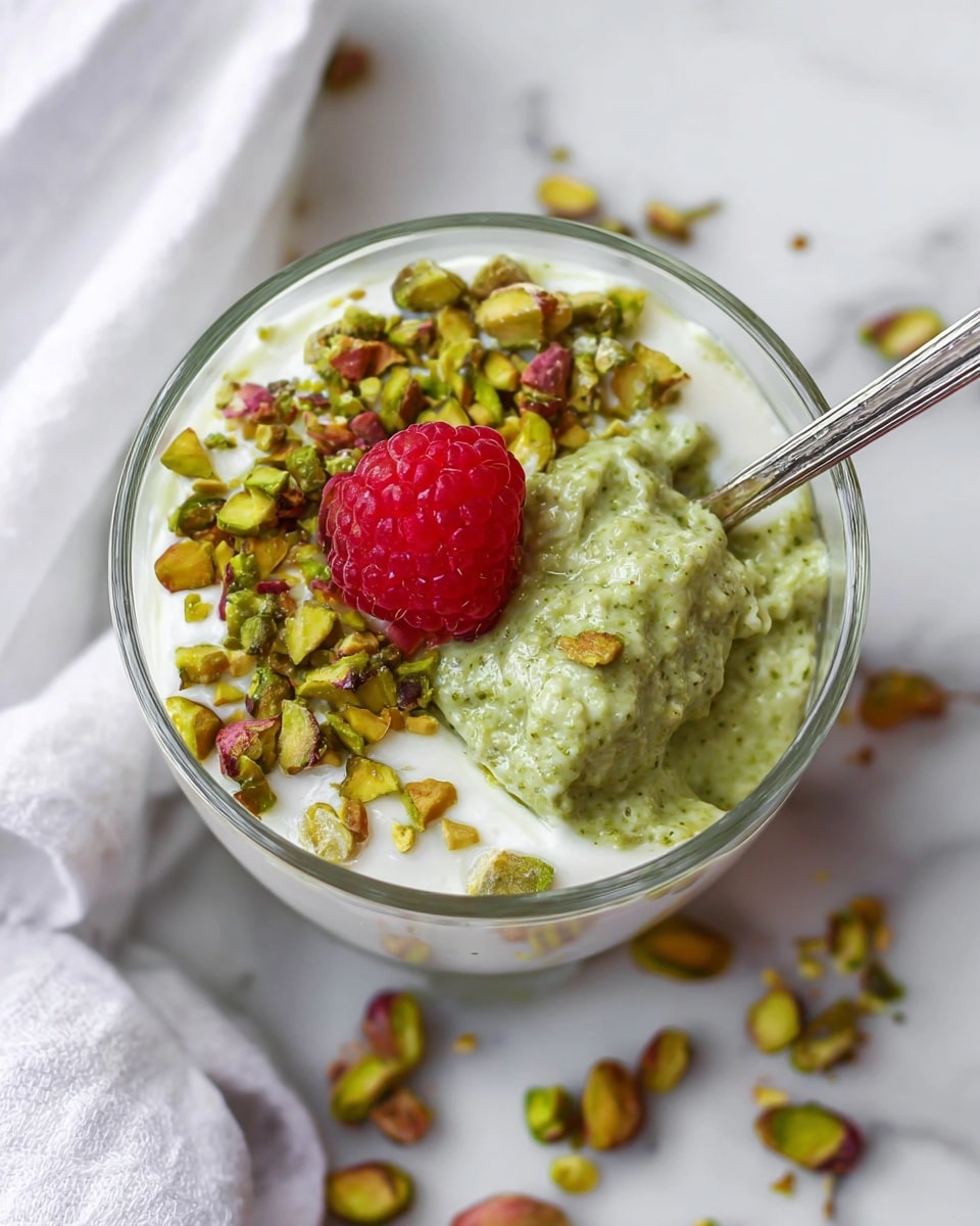 The image shows a clear glass bowl filled with a creamy white yogurt base topped with chopped green pistachios scattered around the edge. There is one bright red raspberry placed near the center on top of the yogurt. A spoon rests inside the bowl scooping a thick green mixture that looks smooth and slightly chunky, partially covering the yogurt layer beneath. The bowl is placed on a white marbled surface with some pistachios scattered nearby, and a soft white cloth is visible in the corner. The overall look is fresh with soft and crunchy textures mixed together. photo taken with an iphone --ar 4:5 --v 7