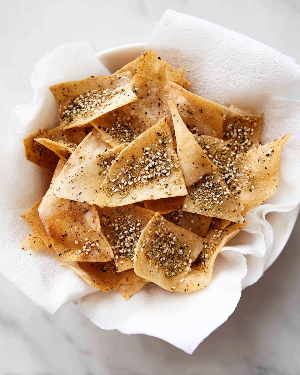 A white bowl lined with white paper towels holds several uneven square and rectangular thin chips. The chips are light golden brown with a slightly rough texture and are sprinkled with black spices and small white sesame seeds scattered evenly on top. Some chips have tiny folded edges, while most lie flat, giving the bowl a layered look. The bowl sits on a white marbled surface. photo taken with an iphone --ar 4:5 --v 7