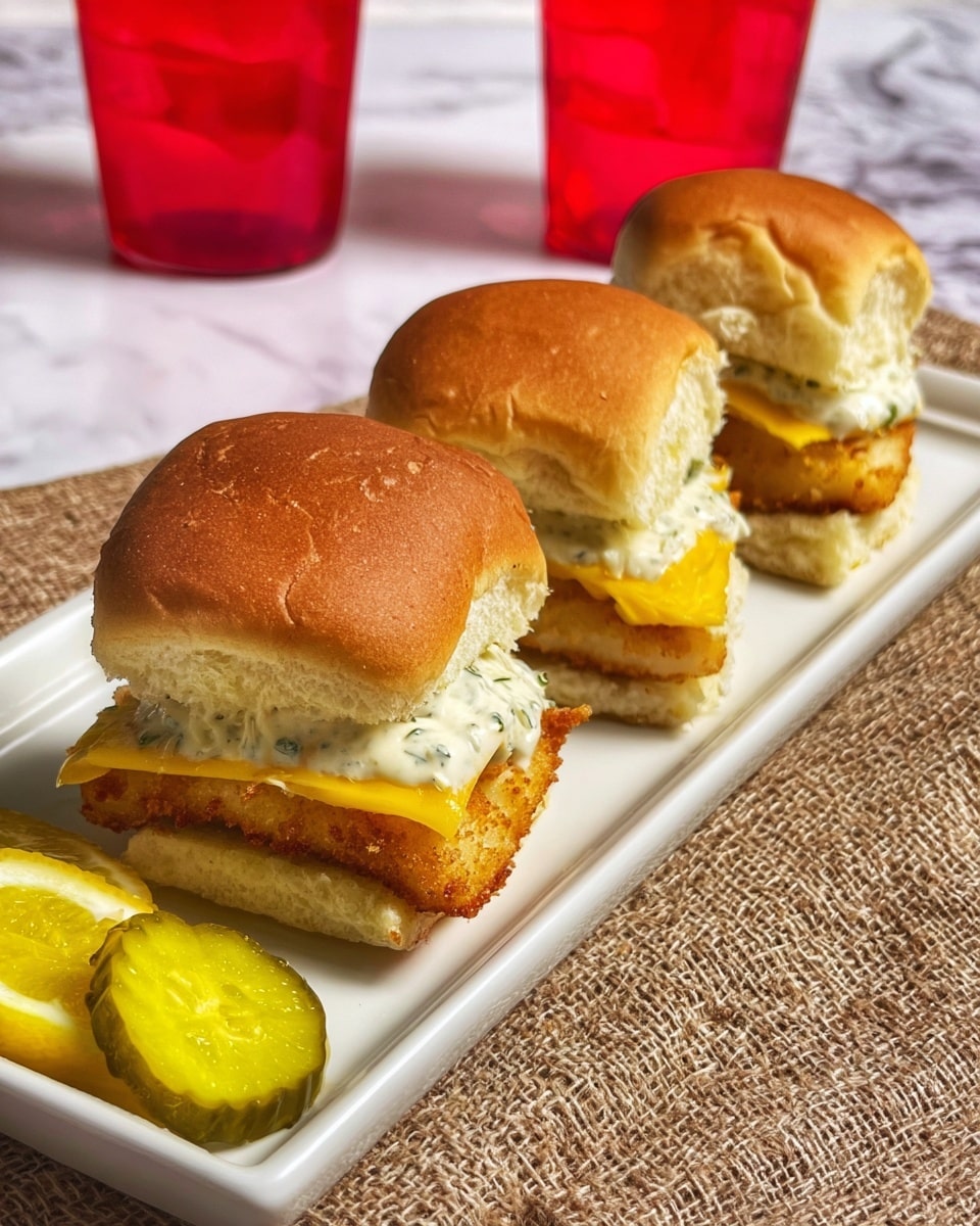 Three small sandwiches sit in a row on a long white rectangular plate. Each sandwich has three layers visible from the side: a soft golden brown bun on top, a thick square-shaped crispy fried fish fillet in the middle, and a slice of bright yellow cheese beneath the fish. A drizzle of creamy white mayonnaise with specks of herbs flows slightly over the sides of the fish fillets. The bottom bun is golden and soft, matching the top. Nearby, slices of lemon wedges and a whole pickle rest on a textured brown burlap cloth placed on a white marbled surface. In the background, a bright red plastic cup adds color contrast. Photo taken with an iphone --ar 4:5 --v 7