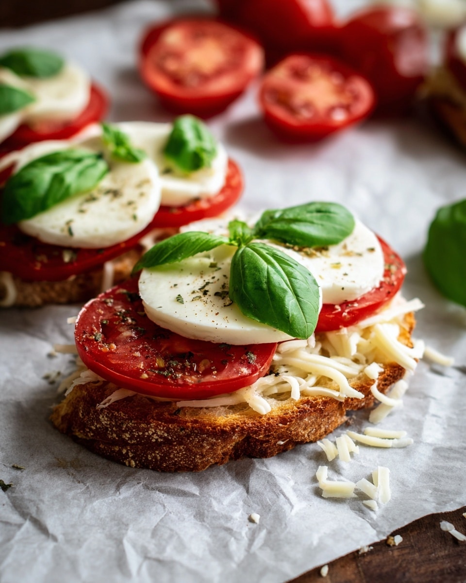 A close-up of an open sandwich on a piece of crusty bread resting on parchment paper over a white marbled surface, with three clear layers: the bottom layer is golden-crusted bread, the middle layer is a pile of white shredded cheese, and on top are thick, red tomato slices, each topped with a white round slice of mozzarella cheese and fresh, bright green basil leaves. Loose basil leaves and shredded cheese are scattered around, with slices of tomatoes blurred in the background. photo taken with an iphone --ar 4:5 --v 7