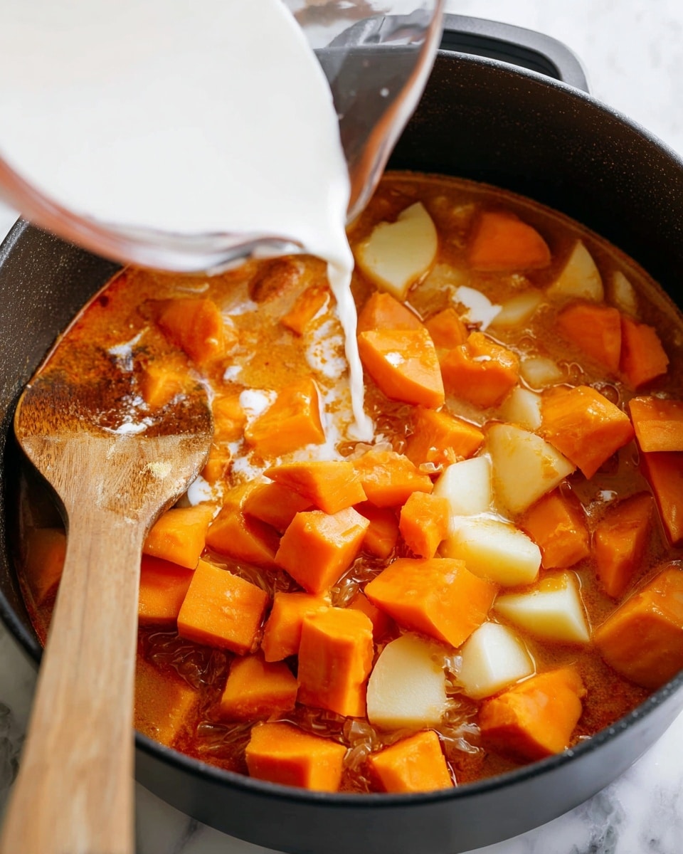 A close-up view of a black pot filled with a stew-like dish showing three visible layers: the bottom layer is a reddish-orange broth with small bits of onion, the middle layer consists of large, bright orange sweet potato chunks and pale yellow potato chunks spread evenly, and the top layer is a white creamy liquid being poured from a clear measuring cup into the center of the pot. A wooden spoon is resting on the left side inside the pot. The pot is placed on a white marbled surface. photo taken with an iphone --ar 4:5 --v 7