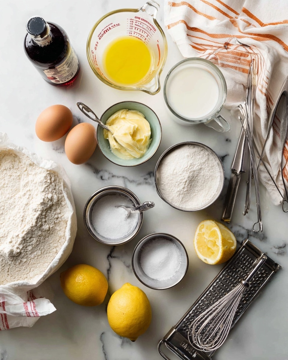 The image shows several baking ingredients on a white marbled surface arranged neatly. There is an open bag of white all-purpose flour with some flour visible inside, and next to it are two brown eggs. A glass measuring cup with melted yellow butter is at the center top, with a smaller glass cup of white milk to the right. A small metal bowl of granulated sugar and another metal bowl with white baking powder and a spoon sit side by side near the eggs. A bottle of dark maple syrup is at the top left corner, and a small dark vanilla extract bottle near the bottom center. On the right side, a citrus juicer holds a half lemon being squeezed, with another whole lemon and a lemon half beside it, along with a metal grater. At the top right is a clear glass bowl with metal whisks inside. A dish towel with orange stripes is folded partly under the flour bag. The scene is clean and bright, suggesting preparation for baking. Photo taken with an iphone --ar 4:5 --v 7