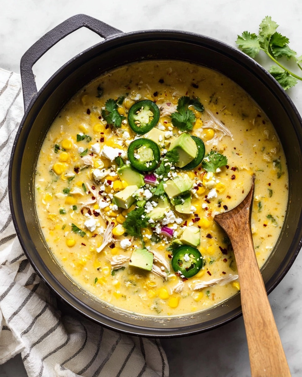 A black pot filled with a creamy yellow soup with roasted corn scattered throughout. On top are sliced green jalapeños, small chunks of light green avocado, tiny pieces of red onion, white crumbled cheese, and bright green cilantro leaves as garnish. Shredded white meat is mixed lightly into the soup. A wooden spoon rests inside the pot, touching the soup. The pot sits on a white marbled surface with a white cloth with thin black stripes nearby. photo taken with an iphone --ar 4:5 --v 7