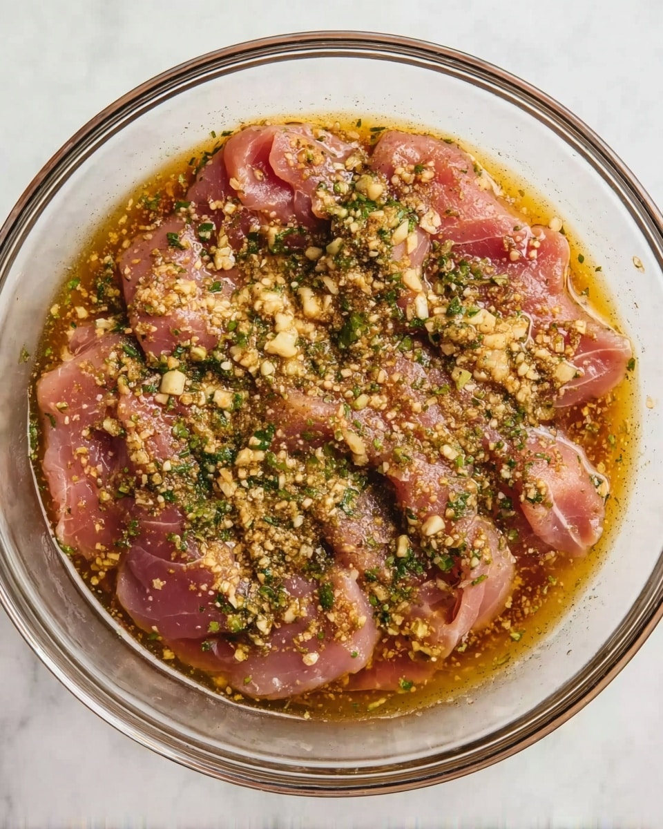 A clear glass bowl on a white marbled surface holds thin slices of raw pink meat spread evenly in a single layer. On top, there is a mix of finely chopped garlic, small green herbs, and a sprinkle of black pepper. The marinade liquid, golden brown in color, pools around the edges and coats the meat lightly, giving it a shiny, wet look. The texture of the meat is smooth with some slight veins of fat showing through. Photo taken with an iphone --ar 4:5 --v 7